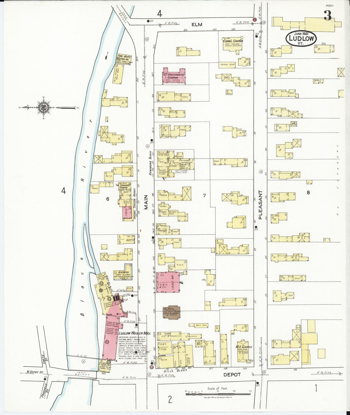 Sanborn Fire Insurance Map from Ludlow, Windsor County, Vermont (1921), Sheet #0003 - Complete Map Set gallery image, historic Sanborn map, vintage wall art, Vermont Vermont