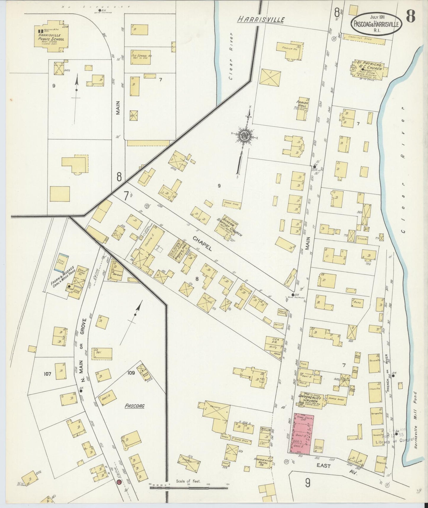 Sanborn Fire Insurance Map from Pascoag, Providence County, Rhode Island (1911), Sheet #0008 - Complete Map Set gallery image, historic Sanborn map, vintage wall art, Rhode Island Rhode Island