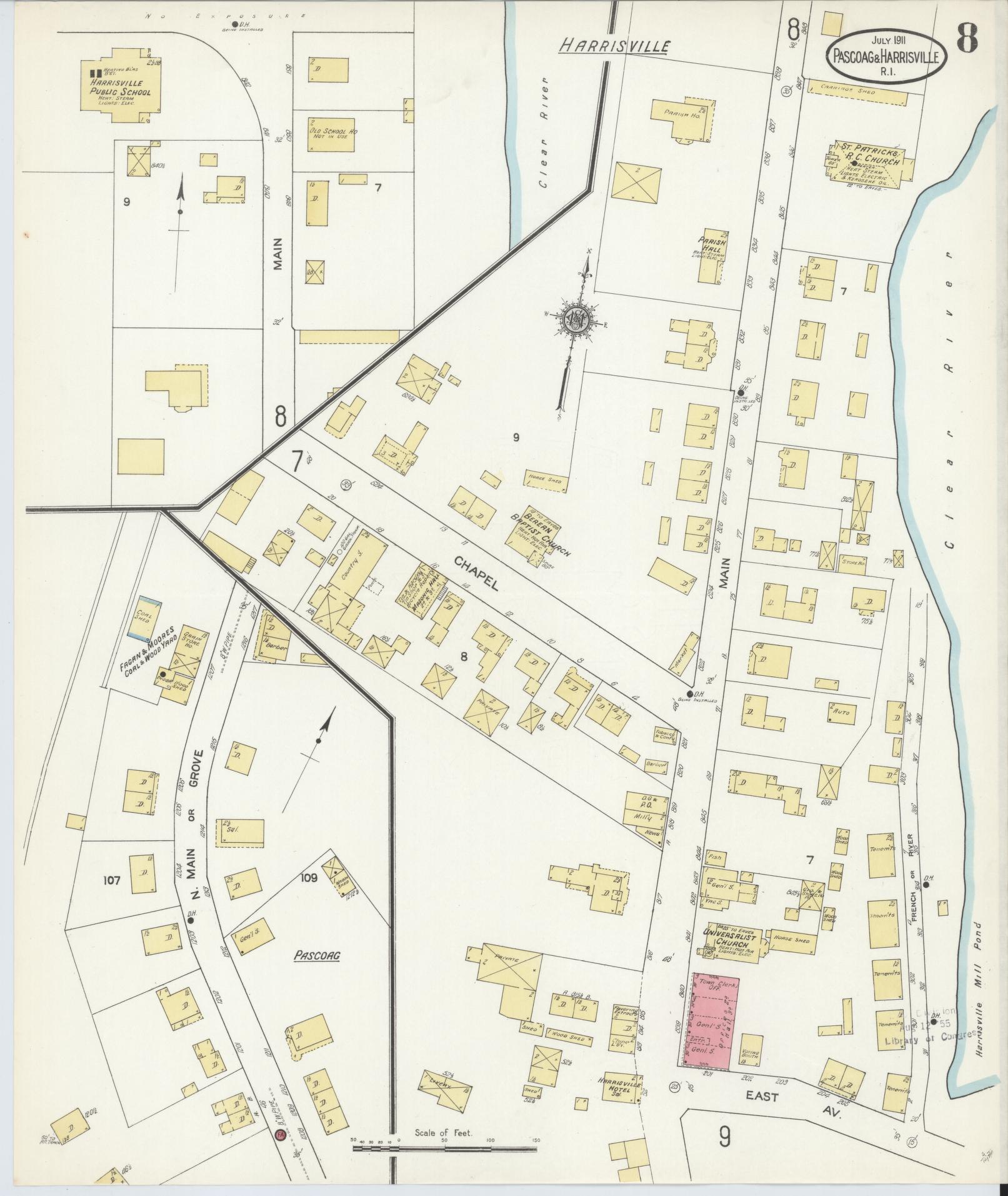 Sanborn Fire Insurance Map from Pascoag, Providence County, Rhode Island (1911), Sheet #0008 - Complete Map Set gallery image, historic Sanborn map, vintage wall art, Rhode Island Rhode Island