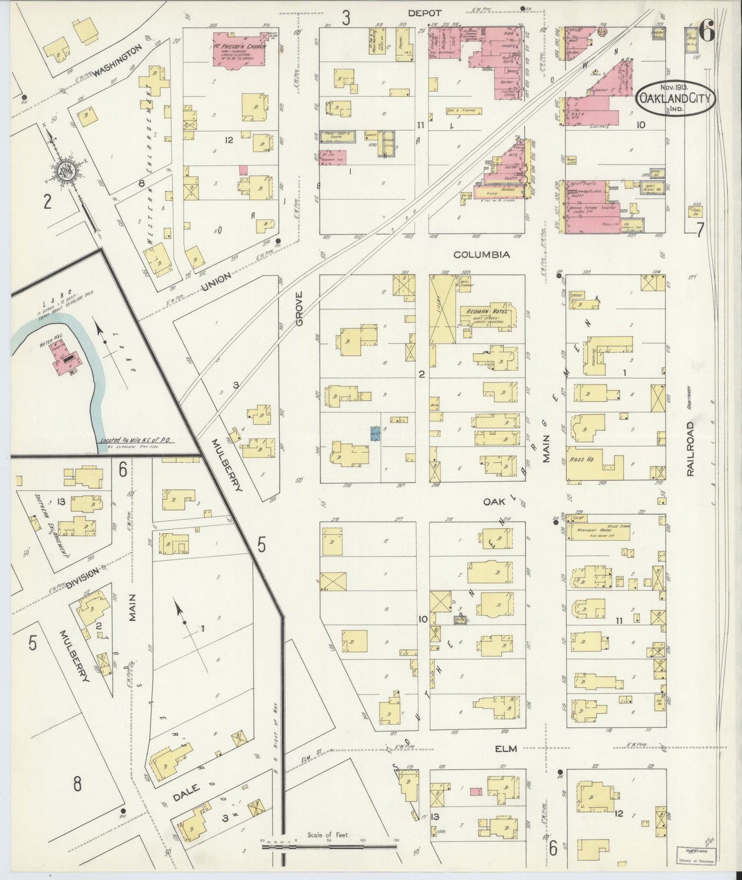 Sanborn Fire Insurance Map from Oakland City, Gibson County, Indiana (1913), Sheet #0006 - Historic Sanborn Fire Insurance Map Print, vintage old map wall art, antique decor, genealogy gift, Indiana Indiana map