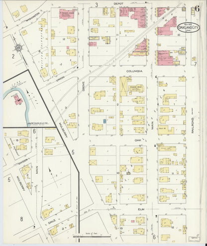 Sanborn Fire Insurance Map from Oakland City, Gibson County, Indiana (1913), Sheet #0006 - Historic Sanborn Fire Insurance Map Print, vintage old map wall art, antique decor, genealogy gift, Indiana Indiana map