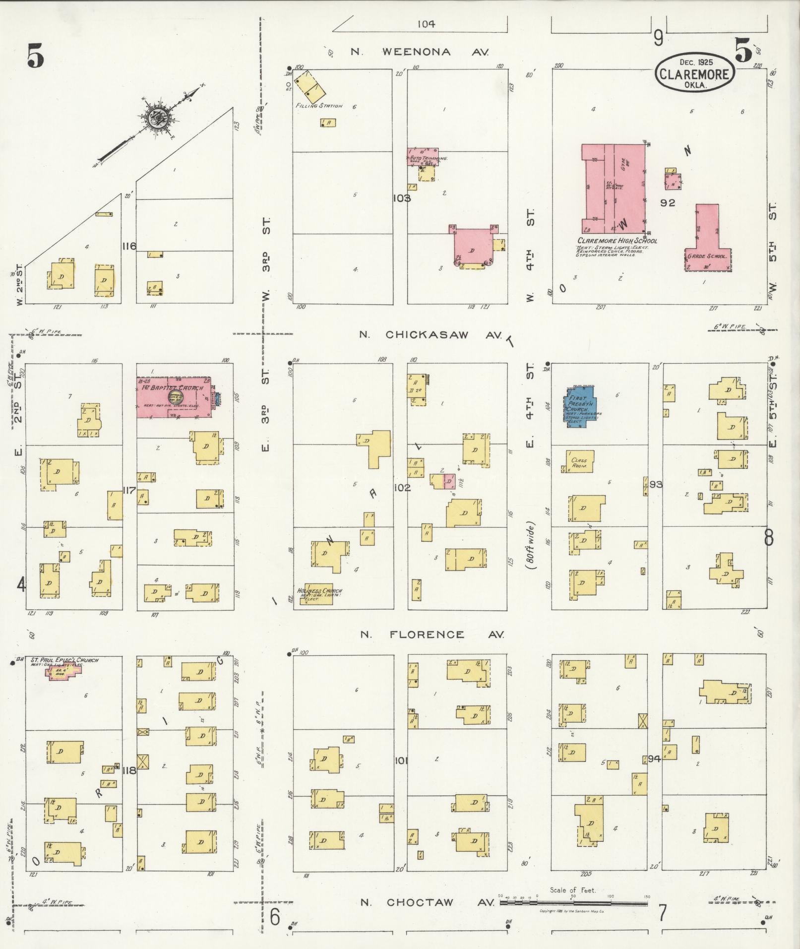Sanborn Fire Insurance Map from Claremore, Rogers County, Oklahoma (1925), Sheet #0005 - Historic Sanborn Fire Insurance Map Print, vintage old map wall art, antique decor, genealogy gift, Oklahoma Oklahoma map