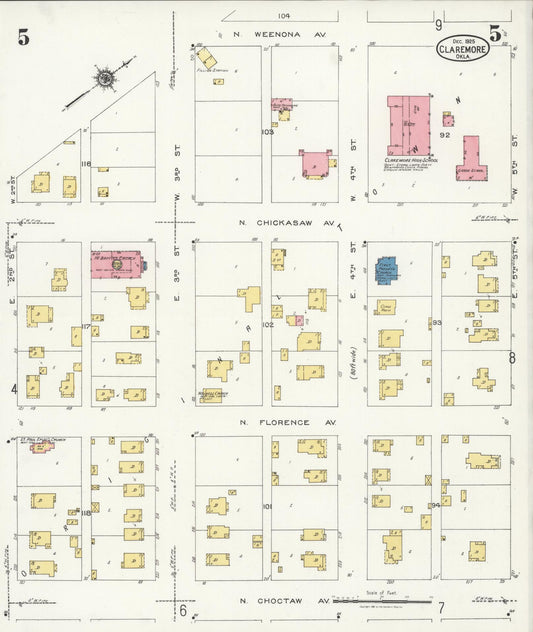 Sanborn Fire Insurance Map from Claremore, Rogers County, Oklahoma (1925), Sheet #0005 - Historic Sanborn Fire Insurance Map Print, vintage old map wall art, antique decor, genealogy gift, Oklahoma Oklahoma map