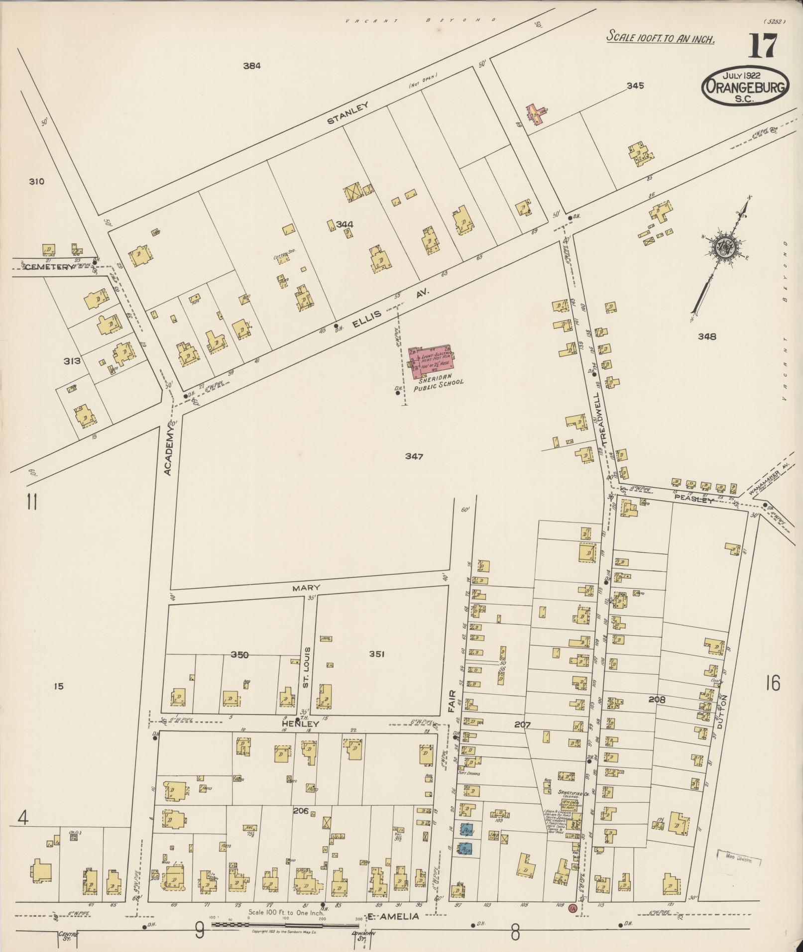 Sanborn Fire Insurance Map from Orangeburg, Orangeburg County, South Carolina (1922), Sheet #0017 - Historic Sanborn Fire Insurance Map Print, vintage old map wall art, antique decor, genealogy gift, South Carolina South Carolina map
