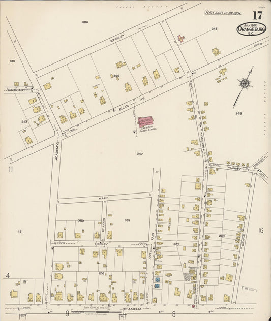 Sanborn Fire Insurance Map from Orangeburg, Orangeburg County, South Carolina (1922), Sheet #0017 - Historic Sanborn Fire Insurance Map Print, vintage old map wall art, antique decor, genealogy gift, South Carolina South Carolina map