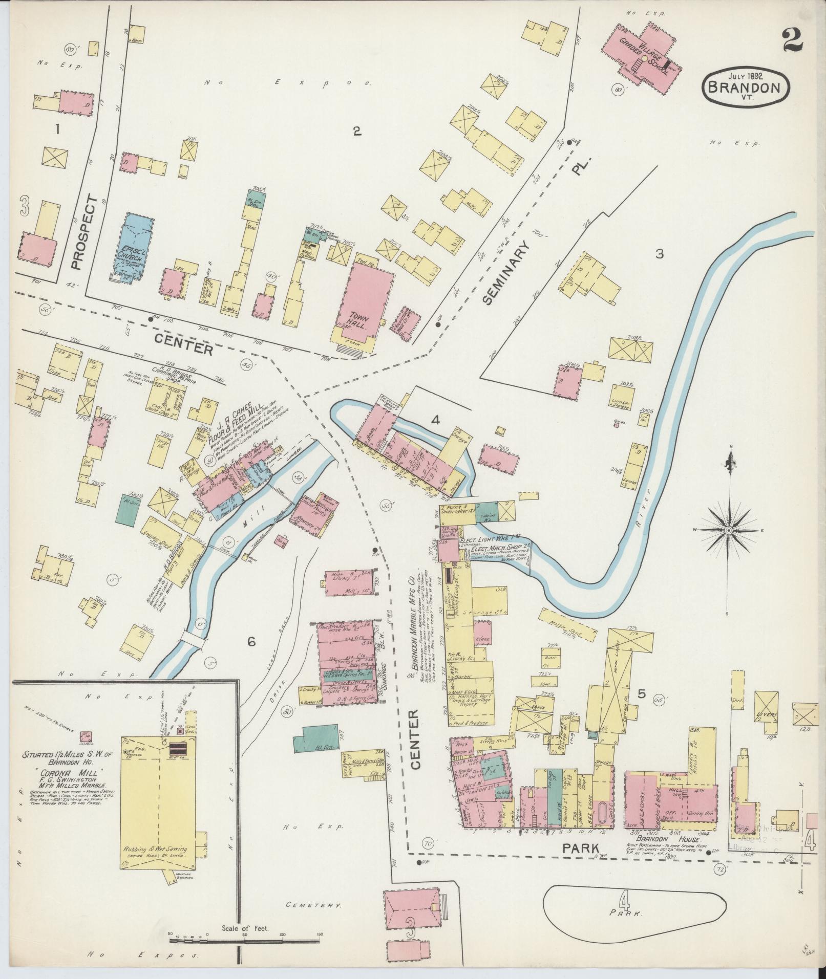 Sanborn Fire Insurance Map from Brandon, Rutland County, Vermont (1892), Sheet #0002 - Historic Sanborn Fire Insurance Map Print, vintage old map wall art, antique decor, genealogy gift, Vermont Vermont map