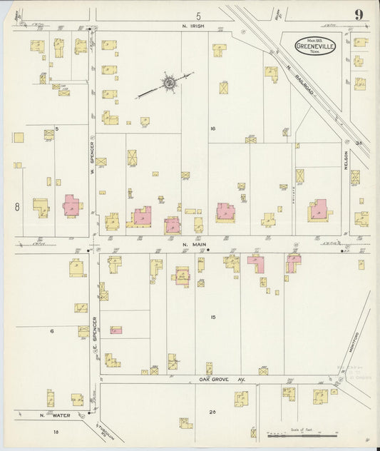 Sanborn Fire Insurance Map from Greeneville, Greene County, Tennessee (1913), Sheet #0009 - Historic Sanborn Fire Insurance Map Print, vintage old map wall art, antique decor, genealogy gift, Tennessee Tennessee map