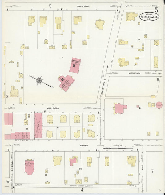 Sanborn Fire Insurance Map from Bennettsville, Marlboro County, South Carolina (1912), Sheet #0005 - Historic Sanborn Fire Insurance Map Print, vintage old map wall art, antique decor, genealogy gift, South Carolina South Carolina map