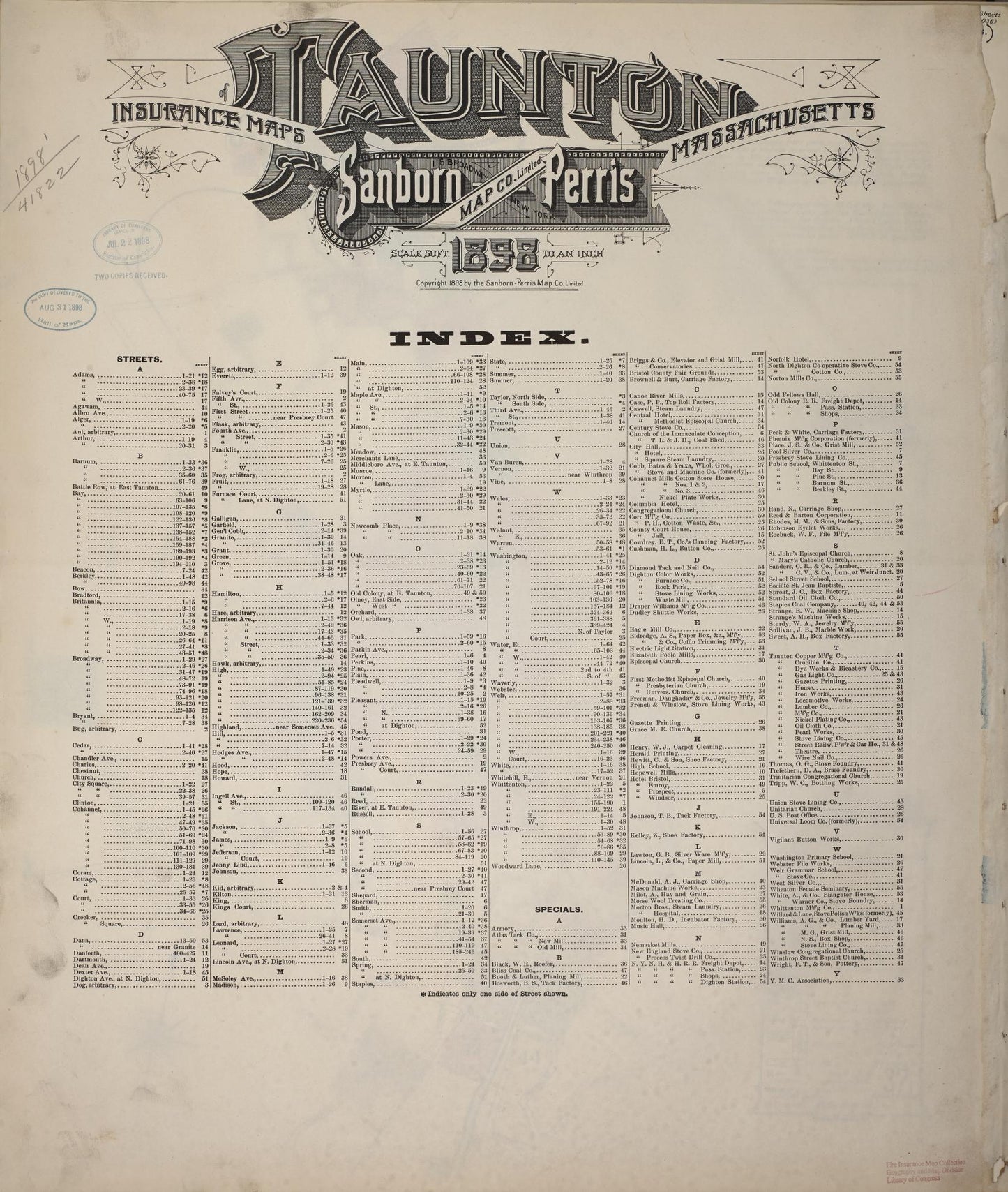 Sanborn Fire Insurance Map from Taunton, Bristol County, Massachusetts. (1898) – Historic Sanborn Fire Insurance Map Print