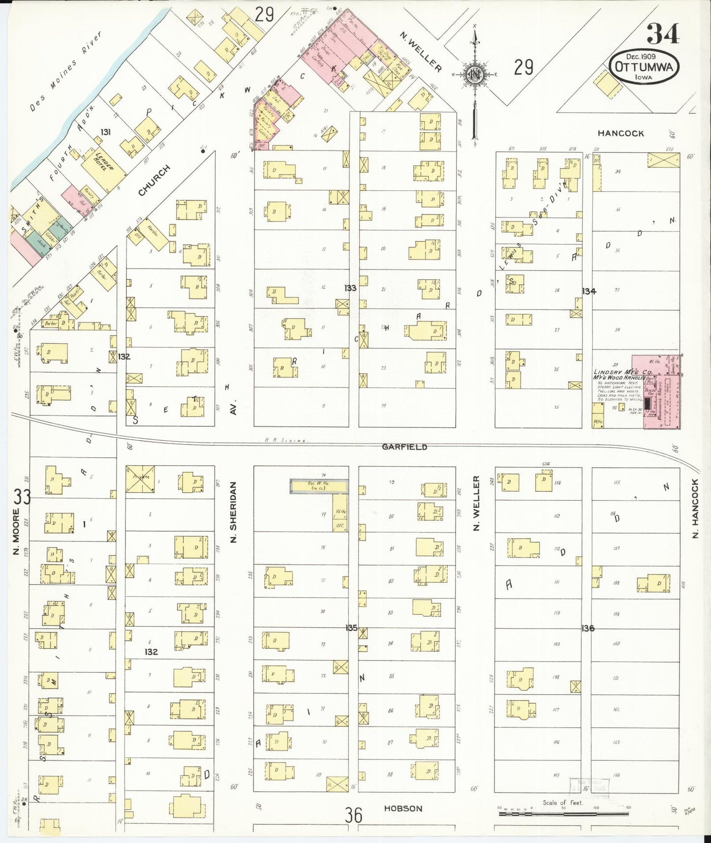 Sanborn Fire Insurance Map from Ottumwa, Wapello County, Iowa (1909), Sheet #0034 - Historic Sanborn Fire Insurance Map Print, vintage old map wall art
