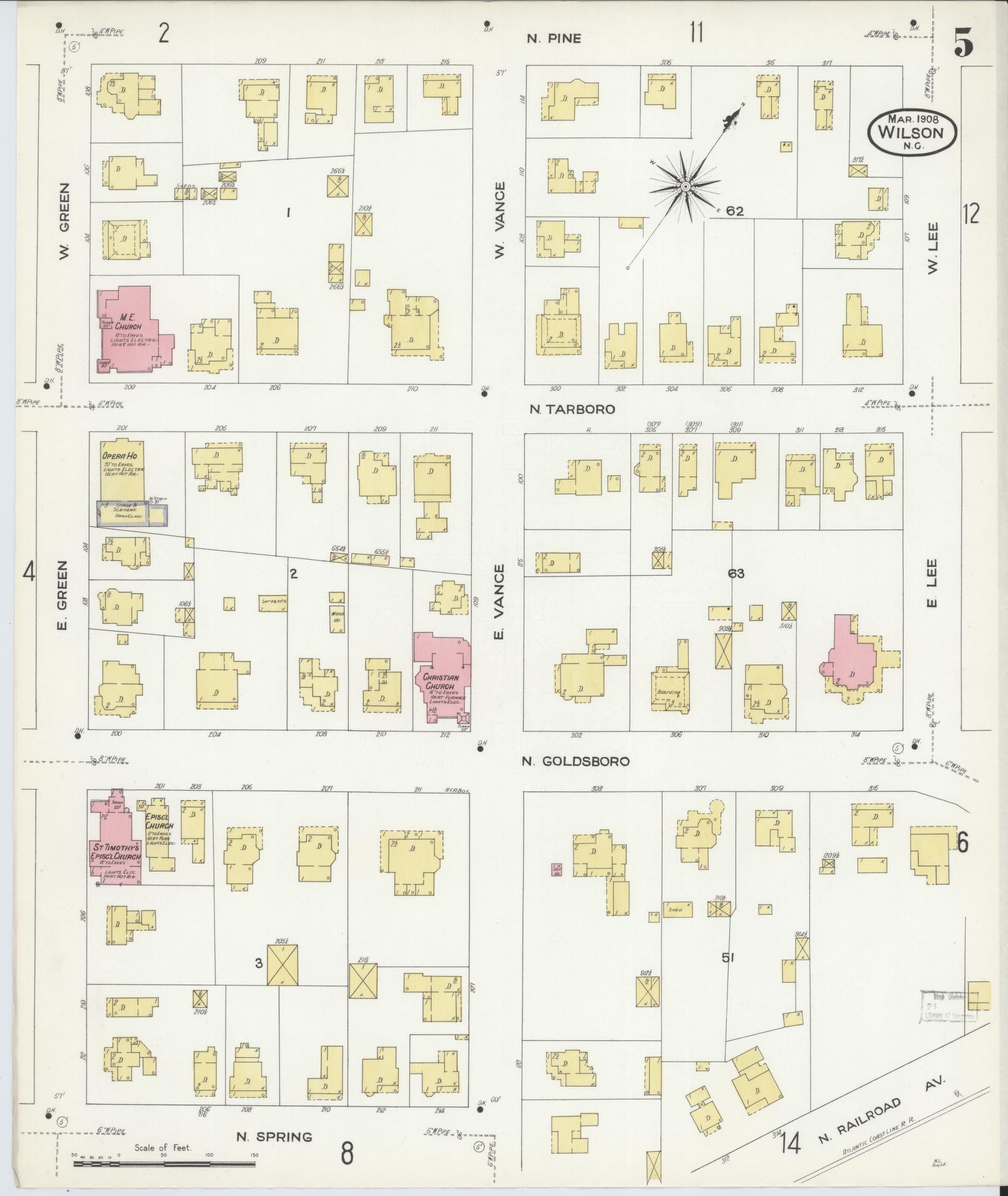 Sanborn Fire Insurance Map from Wilson, Wilson County, North Carolina (1908), Sheet #0005 - Complete Map Set gallery image, historic Sanborn map, vintage wall art, North Carolina North Carolina