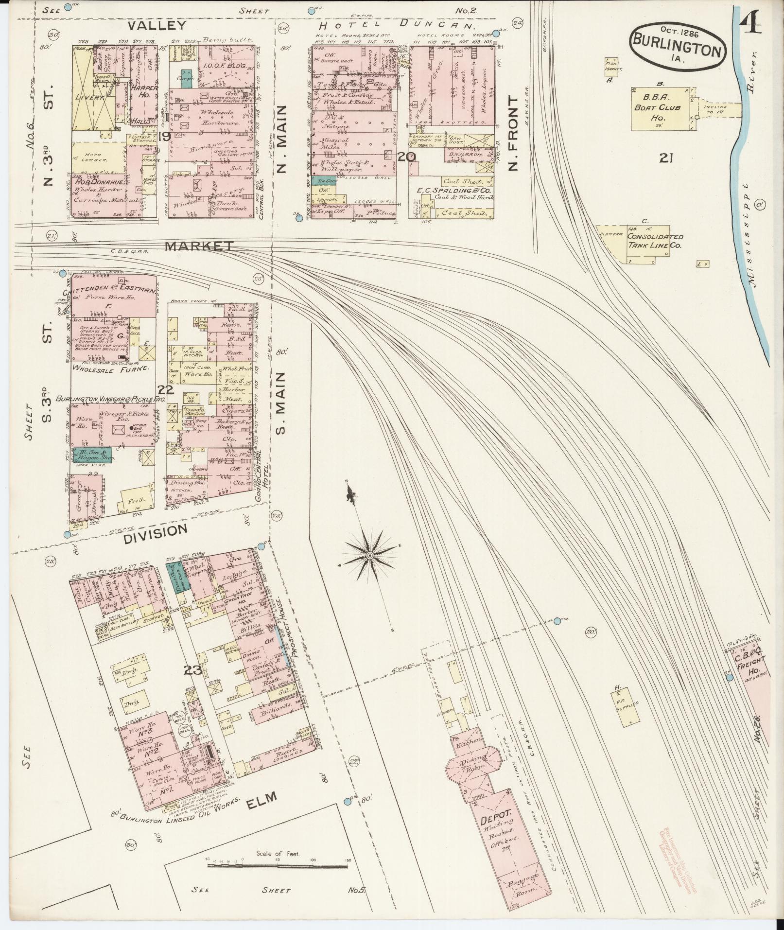Sanborn Fire Insurance Map from Burlington, Des Moines County, Iowa (1888), Sheet #0004 - Historic Sanborn Fire Insurance Map Print, vintage old map wall art