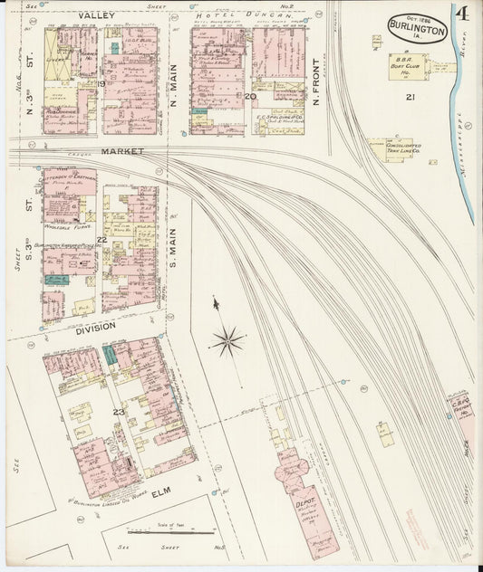 Sanborn Fire Insurance Map from Burlington, Des Moines County, Iowa (1888), Sheet #0004 - Historic Sanborn Fire Insurance Map Print, vintage old map wall art