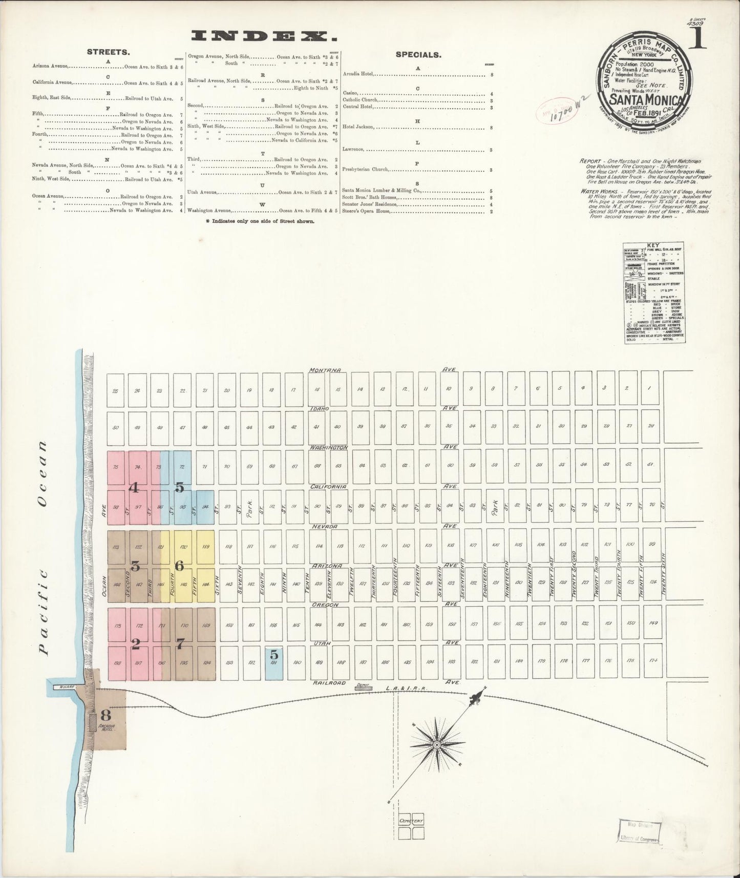 Sanborn Fire Insurance Map from Santa Monica, Los Angeles County, California (1891), Sheet #0001 - Complete Map Set gallery image, historic Sanborn map, vintage wall art, California California