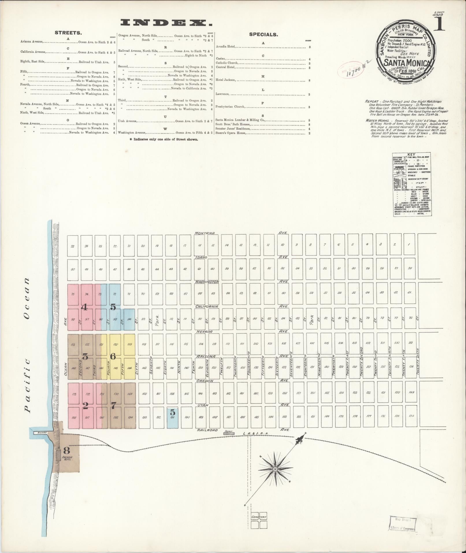 Sanborn Fire Insurance Map from Santa Monica, Los Angeles County, California (1891), Sheet #0001 - Complete Map Set gallery image, historic Sanborn map, vintage wall art, California California