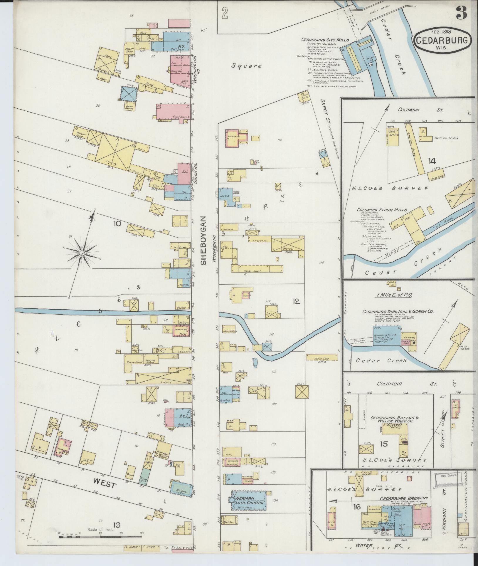 Sanborn Fire Insurance Map from Cedarburg, Ozaukee County, Wisconsin (1893), Sheet #0003 - Historic Sanborn Fire Insurance Map Print, vintage old map wall art, antique decor, genealogy gift, Wisconsin Wisconsin map