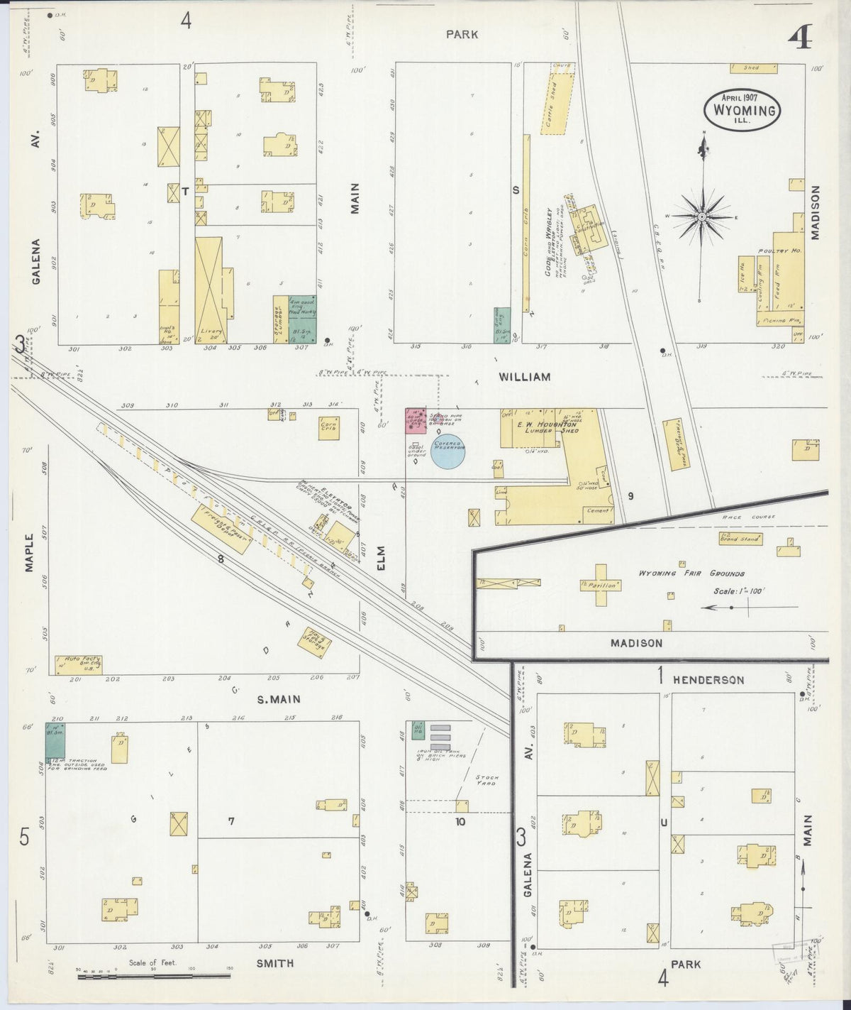 Sanborn Fire Insurance Map from Wyoming, Stark County, Illinois (1907), Sheet #0004 - Complete Map Set gallery image, historic Sanborn map, vintage wall art, Wyoming Wyoming