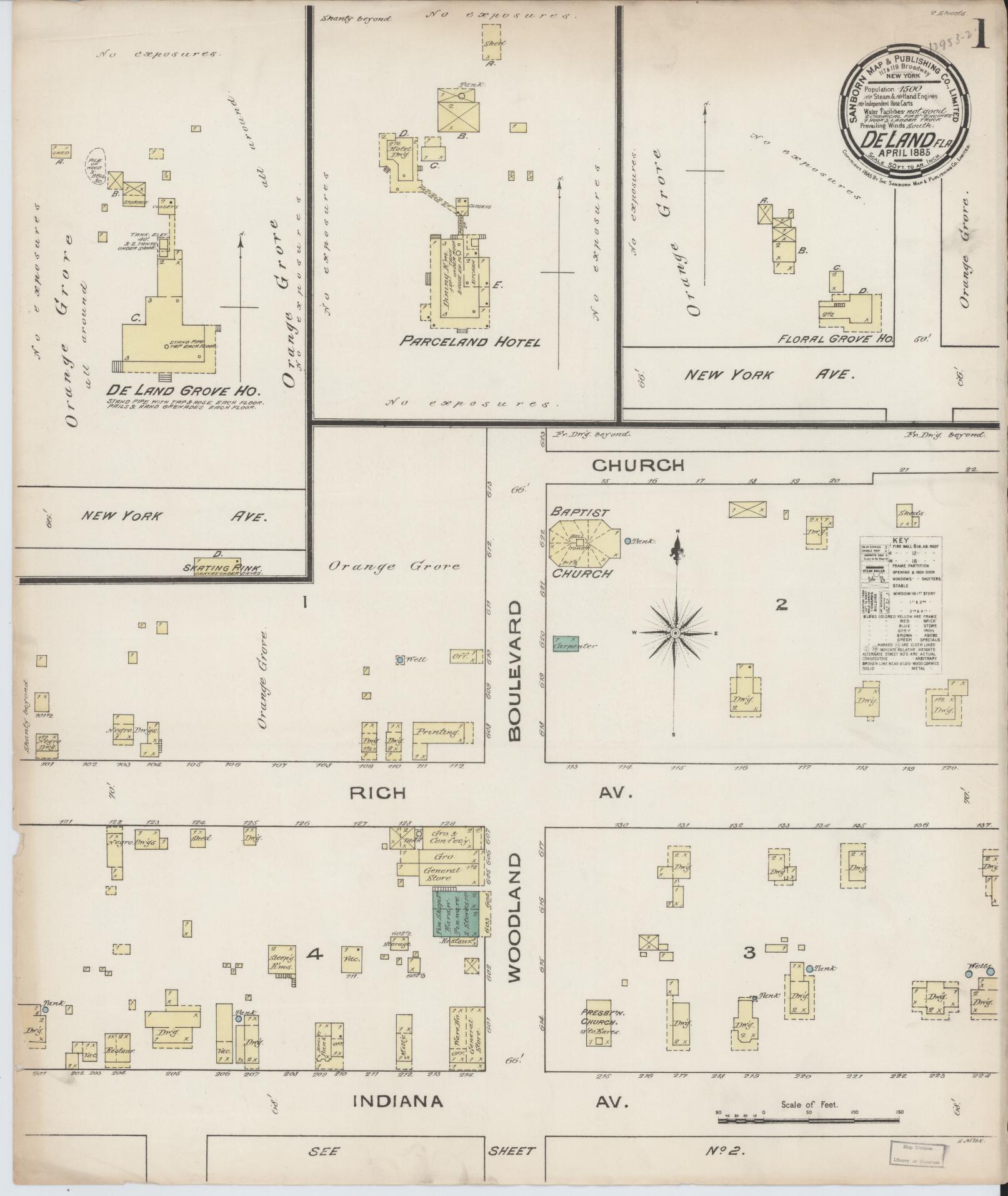 Sanborn Fire Insurance Map from De Land, Volusia County, Florida (1885), Sheet #0001 - Complete Map Set gallery image, historic Sanborn map, vintage wall art, Florida Florida