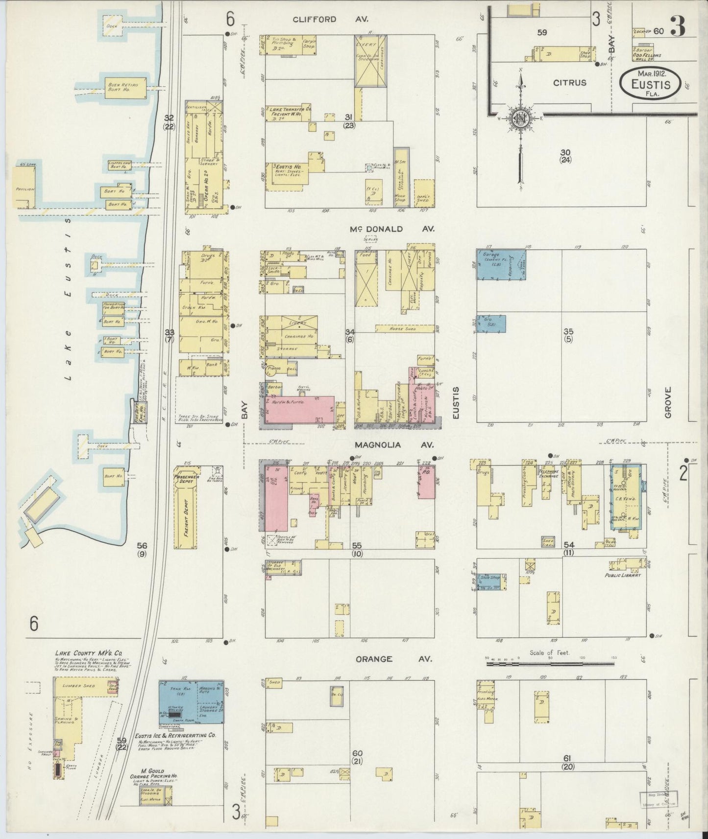 Sanborn Fire Insurance Map from Eustis, Lake County, Florida (1912), Sheet #0003 - Historic Sanborn Fire Insurance Map Print, vintage old map wall art, antique decor, genealogy gift, Florida Florida map