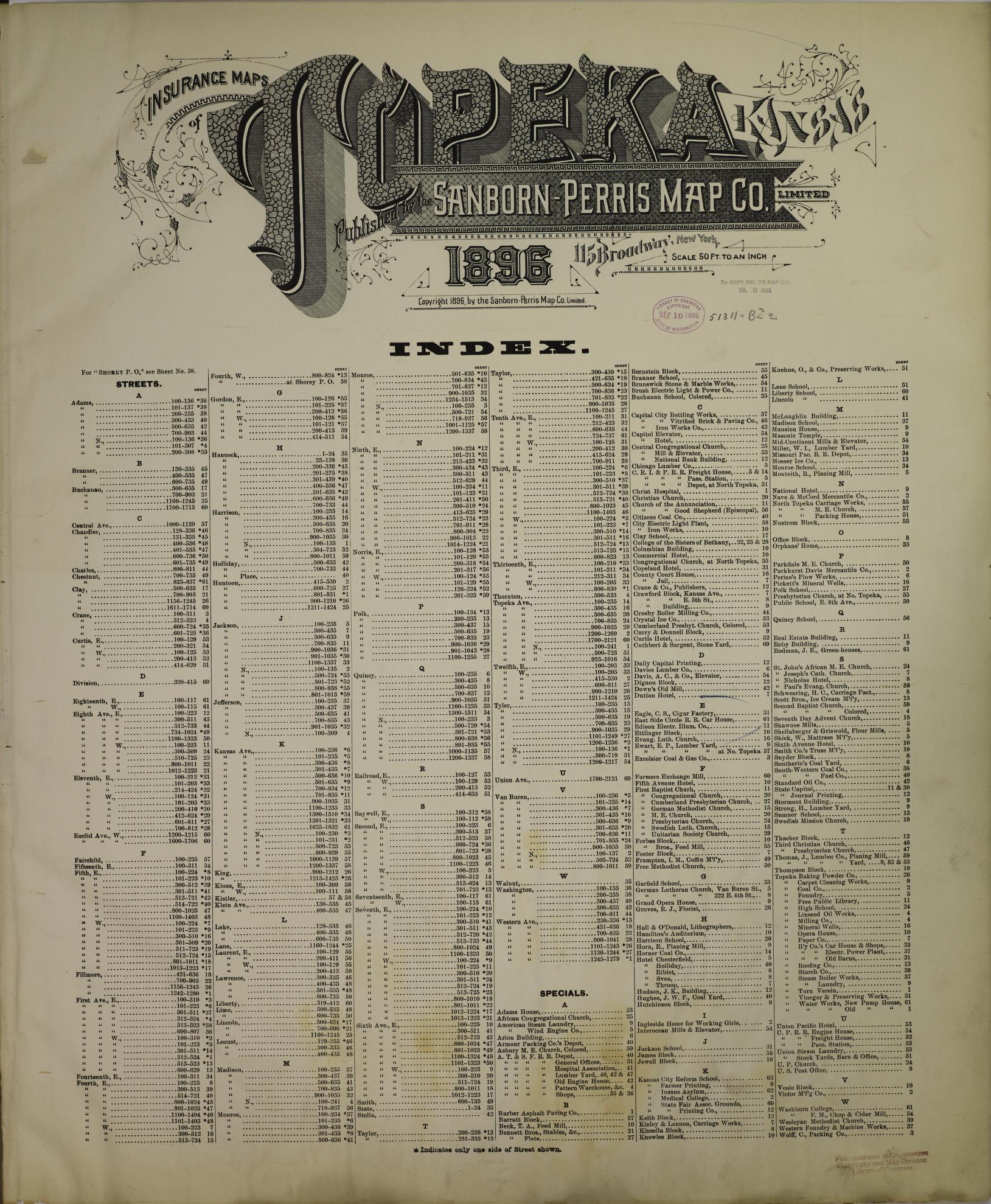 Sanborn Fire Insurance Map from Topeka, Shawnee County, Kansas. (1896) – Historic Sanborn Fire Insurance Map Print