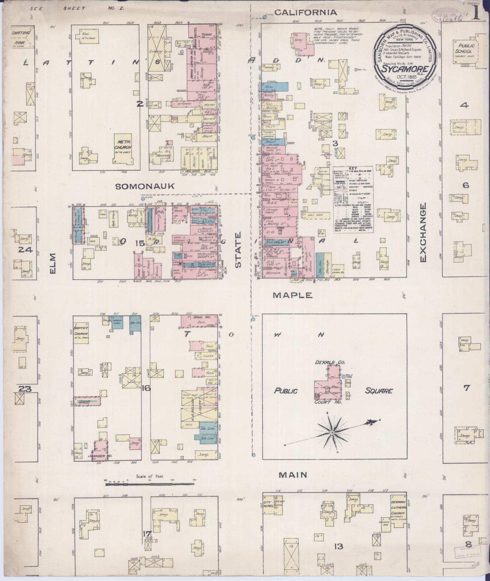 Sanborn Fire Insurance Map from Sycamore, De Kalb County, Illinois (1885), Sheet #0001 - Historic Sanborn Fire Insurance Map Print, vintage old map wall art, antique decor, genealogy gift, Illinois Illinois map