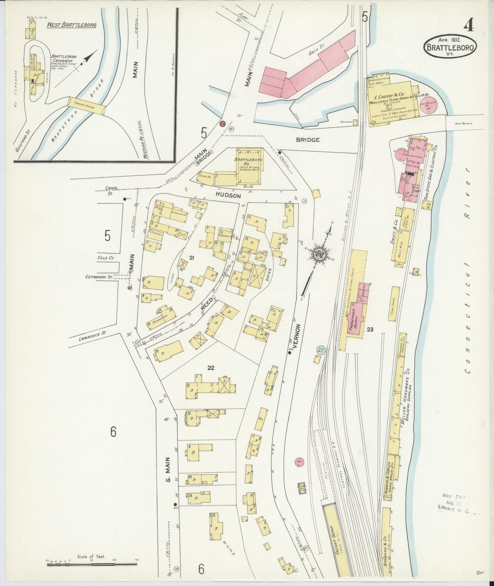 Sanborn Fire Insurance Map from Brattleboro, Windham County, Vermont (1912), Sheet #0004 - Complete Map Set gallery image, historic Sanborn map, vintage wall art, Vermont Vermont
