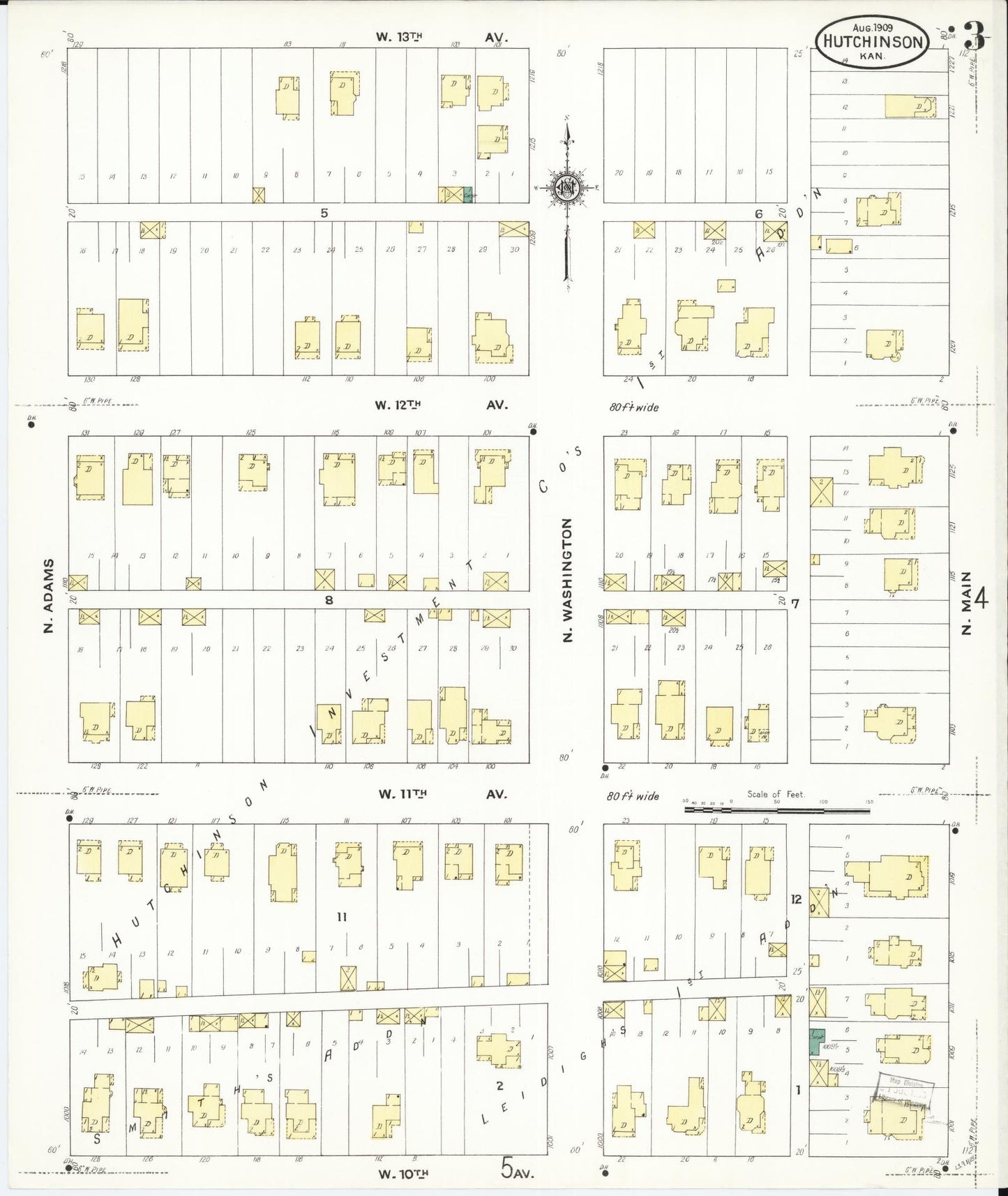 Sanborn Fire Insurance Map from Hutchinson, Reno County, Kansas (1909), Sheet #0003 - Historic Sanborn Fire Insurance Map Print, vintage old map wall art, antique decor, genealogy gift, Kansas Kansas map