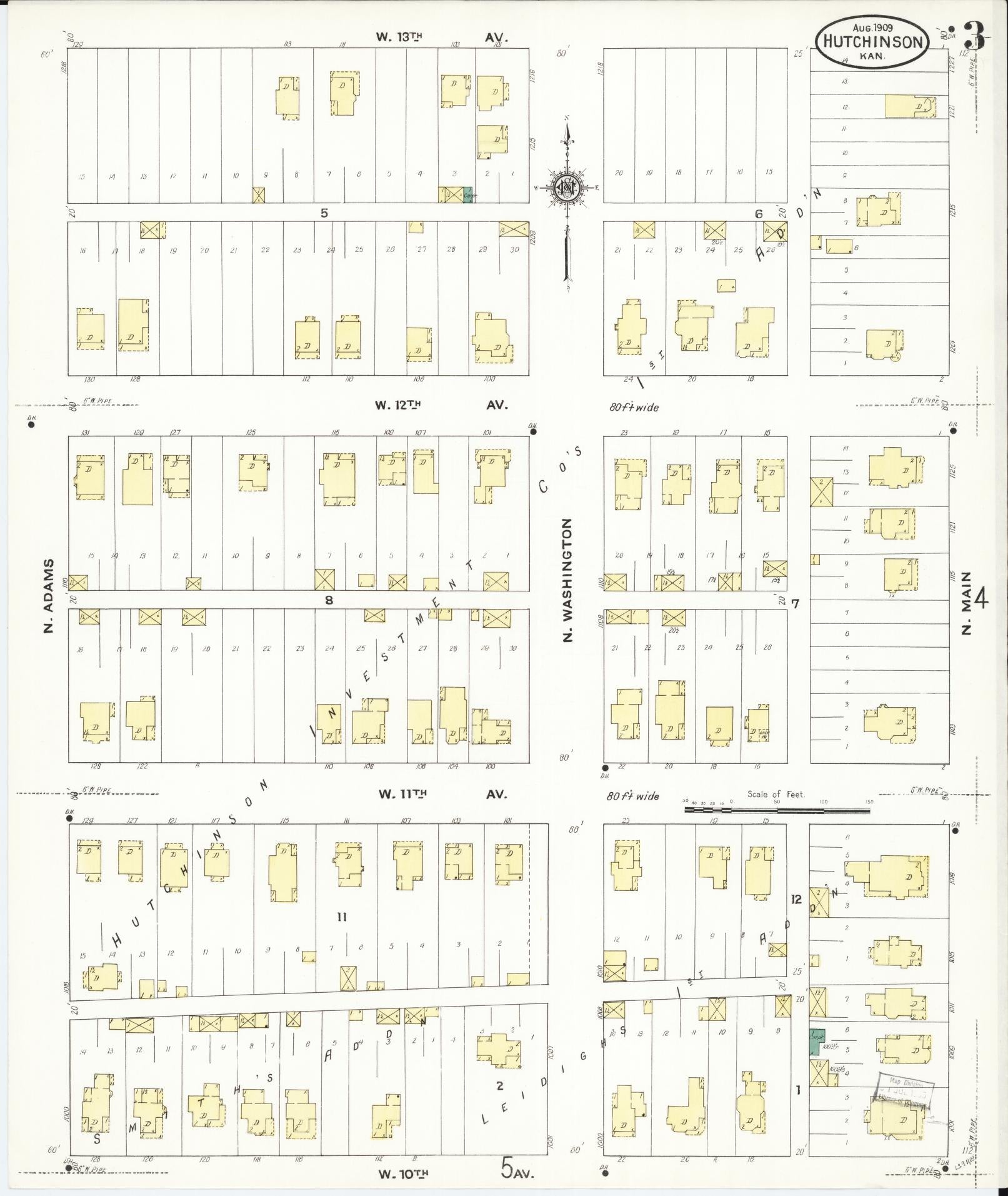 Sanborn Fire Insurance Map from Hutchinson, Reno County, Kansas (1909), Sheet #0003 - Historic Sanborn Fire Insurance Map Print, vintage old map wall art, antique decor, genealogy gift, Kansas Kansas map