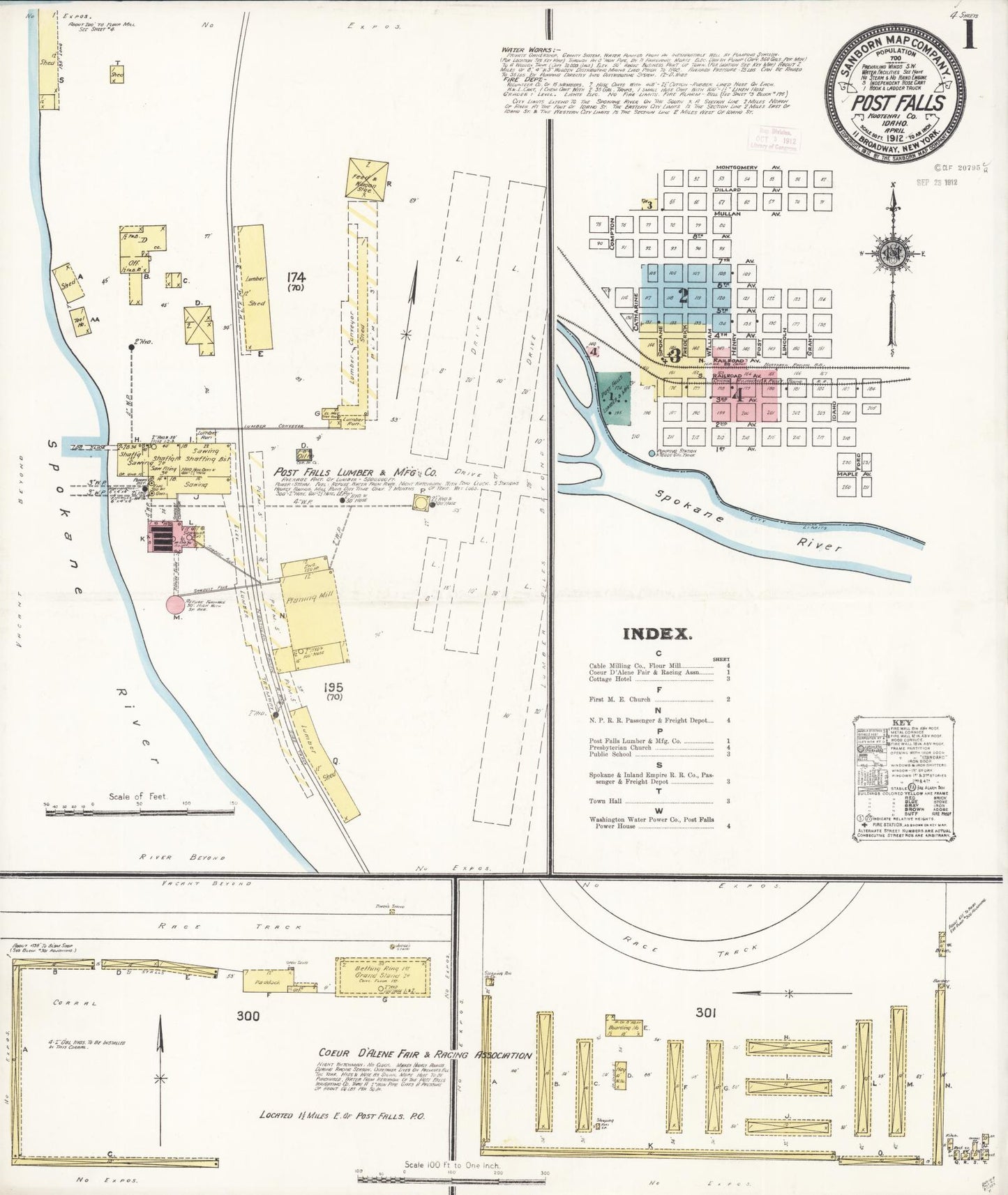 Sanborn Fire Insurance Map from Post Falls, Kootenai County, Idaho (1912), Sheet #0001 - Complete Map Set gallery image, historic Sanborn map, vintage wall art, Idaho Idaho