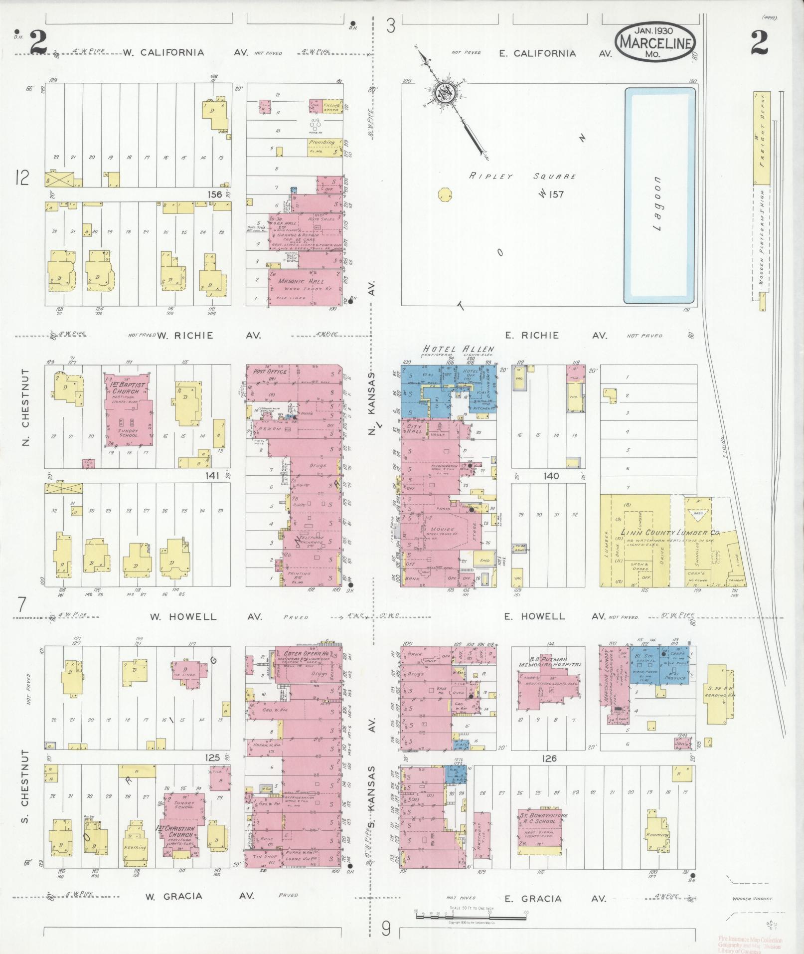 Sanborn Fire Insurance Map from Marceline, Linn County, Missouri (1930), Sheet #0002 - Complete Map Set gallery image, historic Sanborn map, vintage wall art, Missouri Missouri