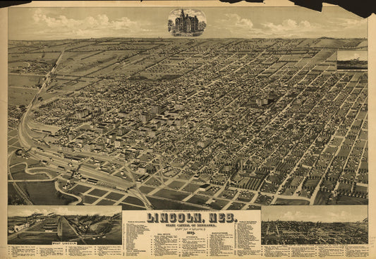 Lincoln, Neb., State capitol of Nebraska, county seat of Lancaster Co. 1889. (1889) – Historic Bird’s-Eye View Panorama Print