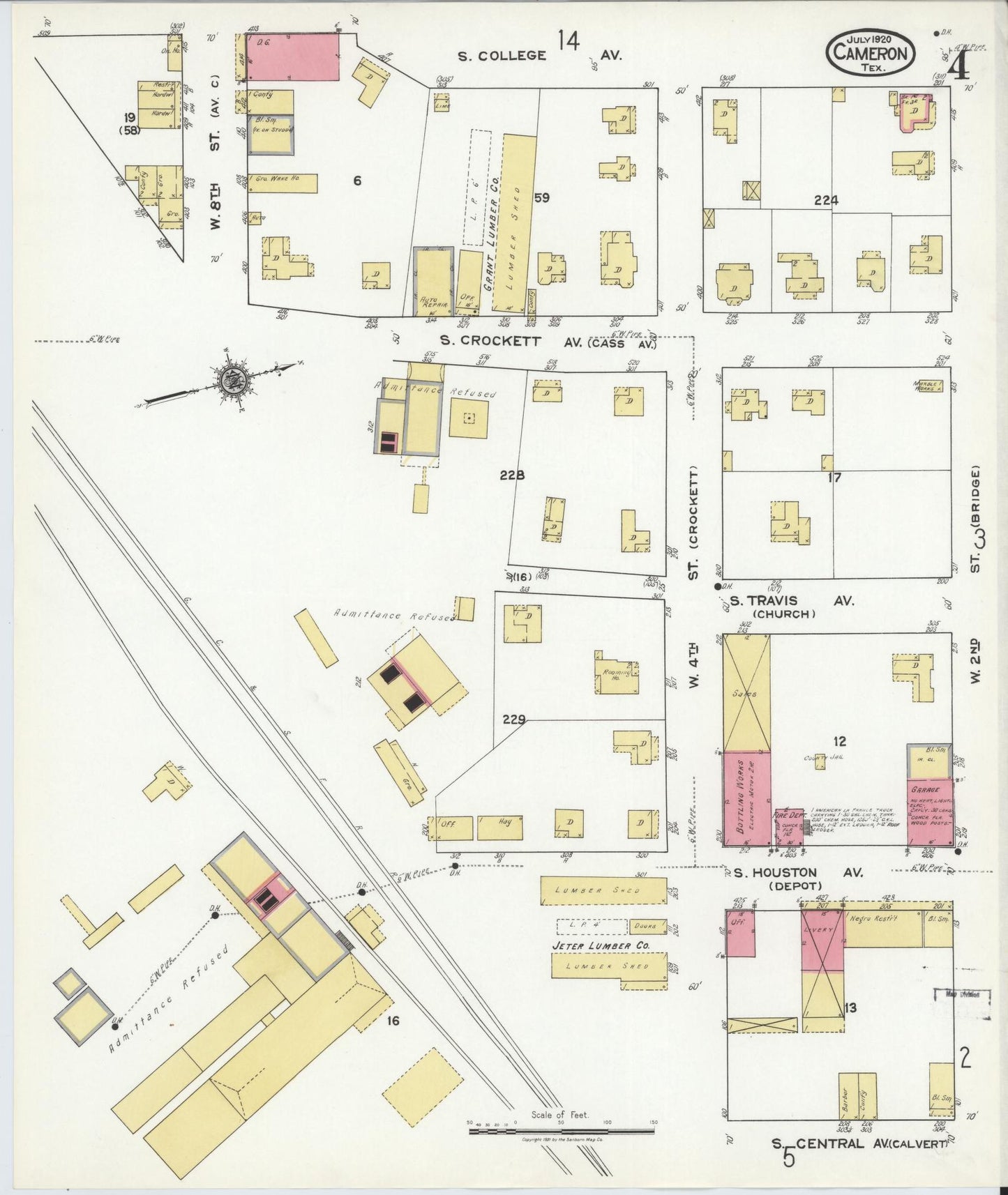 Sanborn Fire Insurance Map from Cameron, Milam County, Texas (1920), Sheet #0004 - Historic Sanborn Fire Insurance Map Print, vintage old map wall art, antique decor, genealogy gift, Texas Texas map