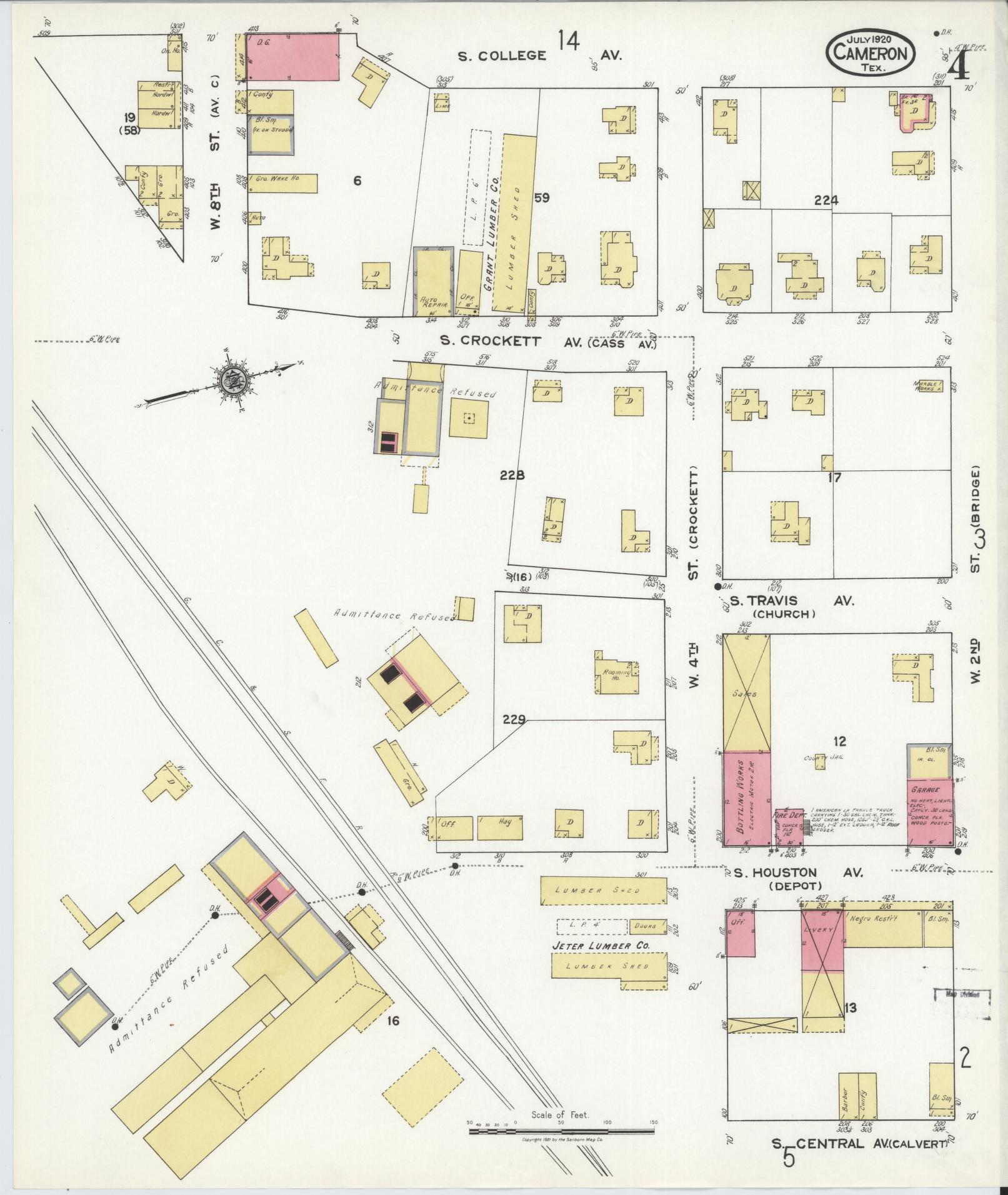 Sanborn Fire Insurance Map from Cameron, Milam County, Texas (1920), Sheet #0004 - Historic Sanborn Fire Insurance Map Print, vintage old map wall art, antique decor, genealogy gift, Texas Texas map