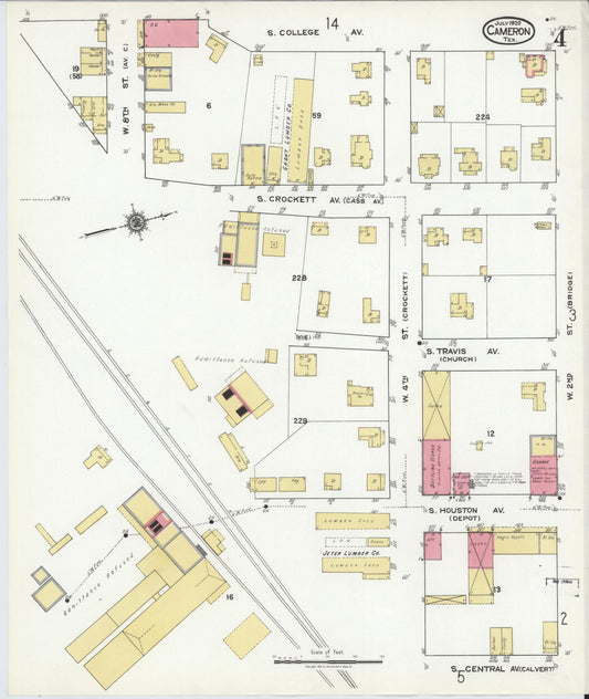 Sanborn Fire Insurance Map from Cameron, Milam County, Texas (1920), Sheet #0004 - Historic Sanborn Fire Insurance Map Print, vintage old map wall art, antique decor, genealogy gift, Texas Texas map