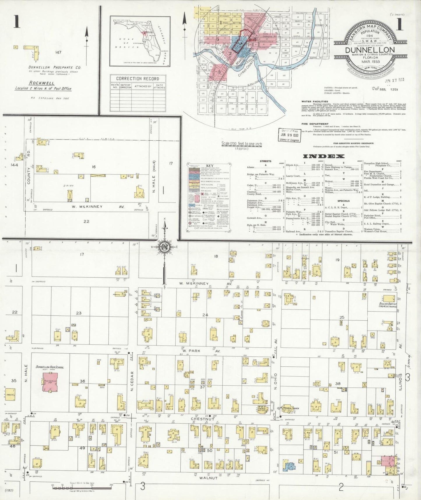 Sanborn Fire Insurance Map from Dunnellon, Marion County, Florida (1933), Sheet #0001 - Complete Map Set gallery image, historic Sanborn map, vintage wall art, Florida Florida