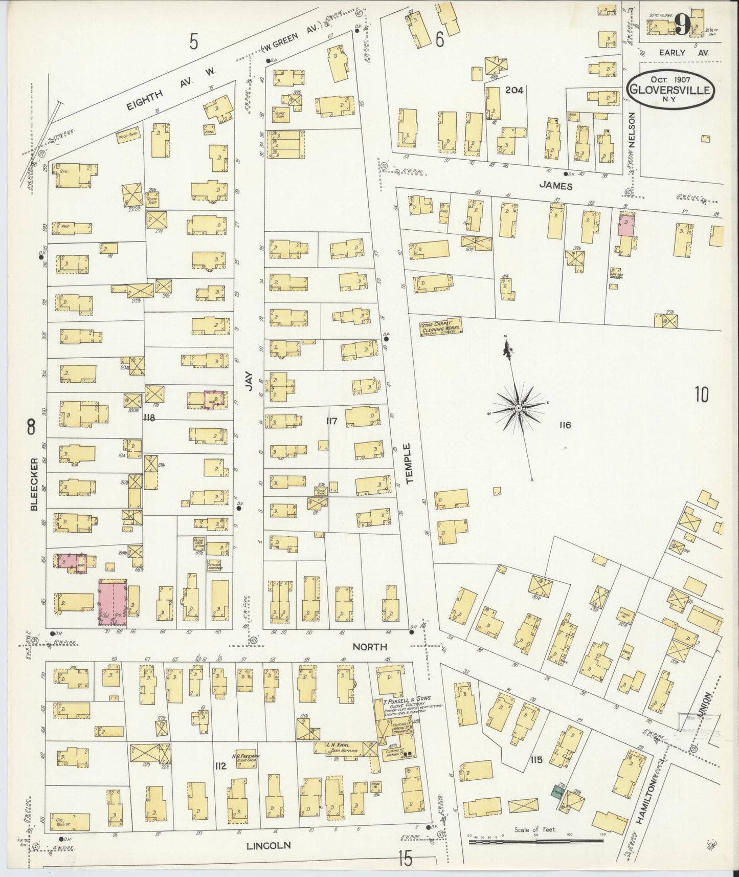 Sanborn Fire Insurance Map from Gloversville, Fulton County, New York (1907), Sheet #0009 - Historic Sanborn Fire Insurance Map Print, vintage old map wall art, antique decor, genealogy gift, New York New York map