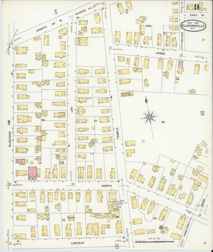 Sanborn Fire Insurance Map from Gloversville, Fulton County, New York (1907), Sheet #0009 - Historic Sanborn Fire Insurance Map Print, vintage old map wall art, antique decor, genealogy gift, New York New York map