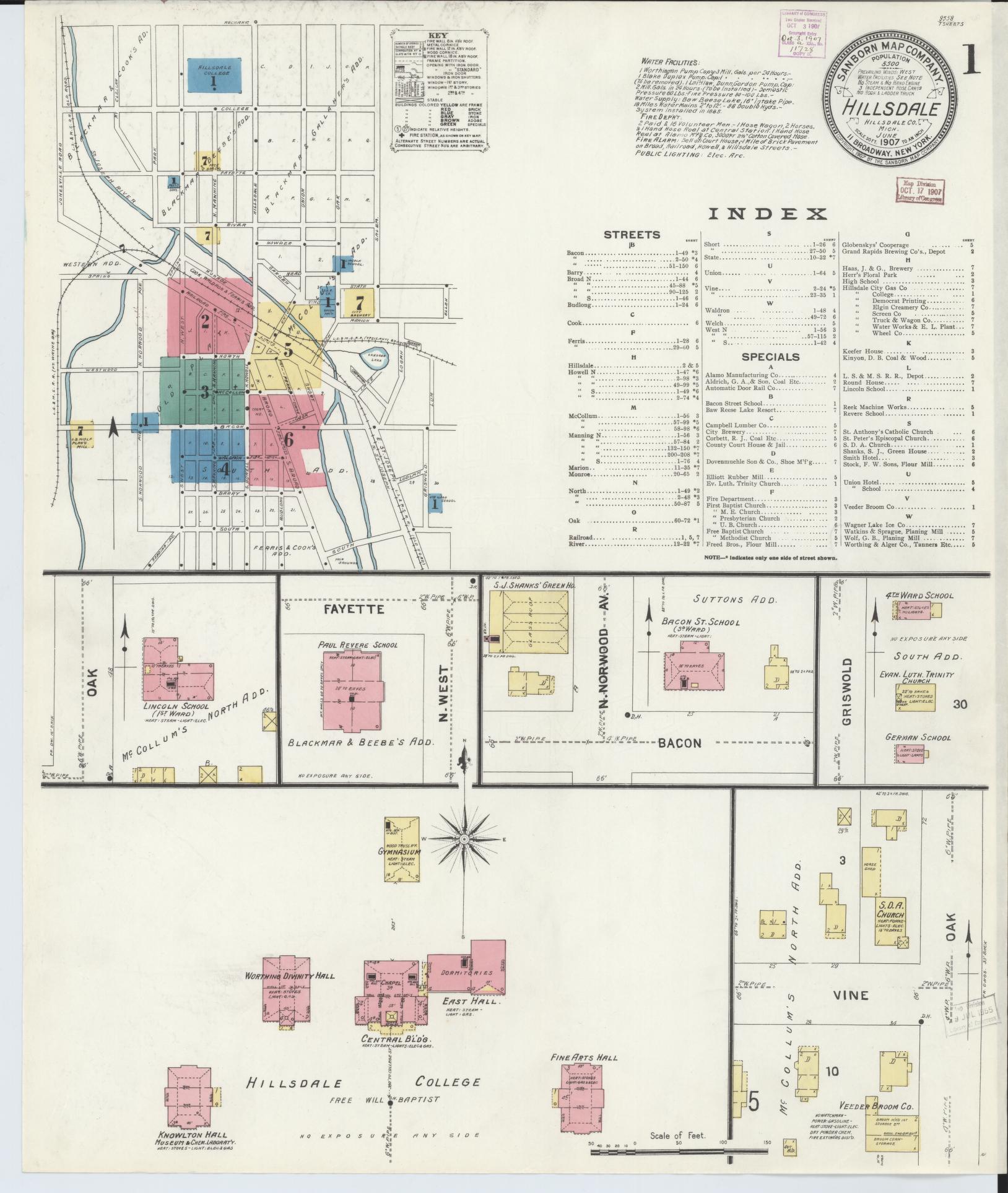 Sanborn Fire Insurance Map from Hillsdale, Hillsdale County, Michigan. (1907) – Historic Sanborn Fire Insurance Map Print