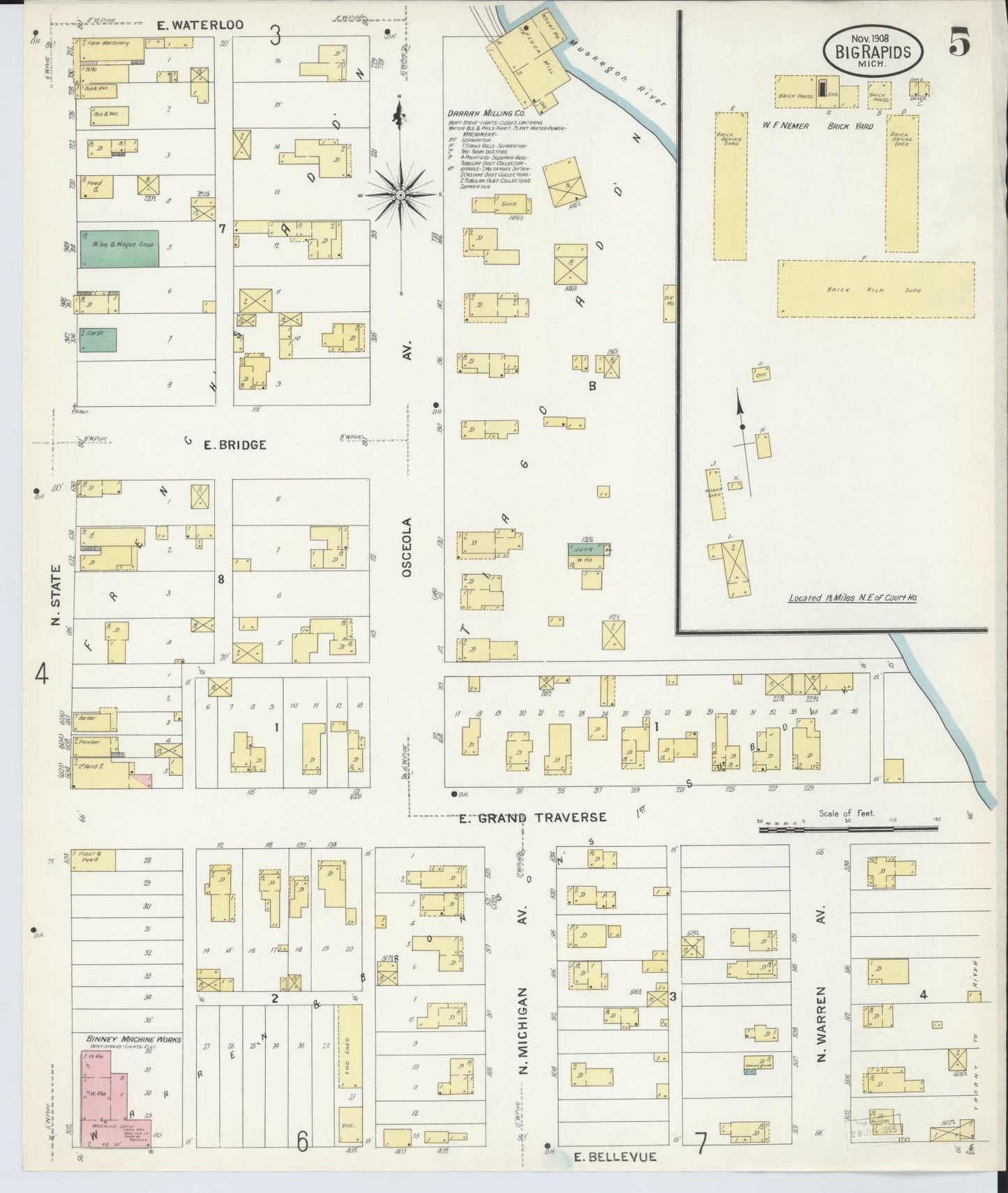 Sanborn Fire Insurance Map from Big Rapids, Mecosta County, Michigan (1908), Sheet #0005 - Complete Map Set gallery image, historic Sanborn map, vintage wall art, Michigan Michigan