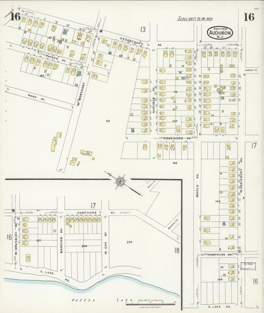 Sanborn Fire Insurance Map from Audubon, Camden County, New Jersey (1924), Sheet #0016 - Historic Sanborn Fire Insurance Map Print, vintage old map wall art, antique decor, genealogy gift, New Jersey New Jersey map