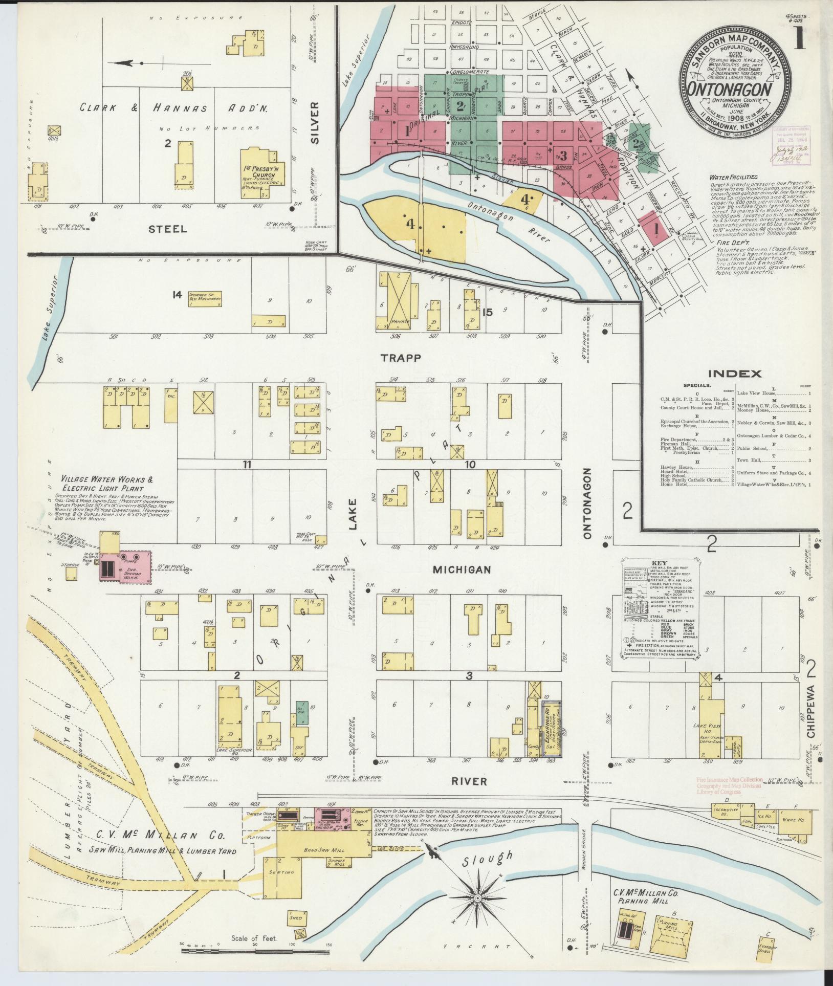 Sanborn Fire Insurance Map from Ontonagon, Ontonagon County, Michigan (1908), Sheet #0001 - Complete Map Set gallery image, historic Sanborn map, vintage wall art, Michigan Michigan