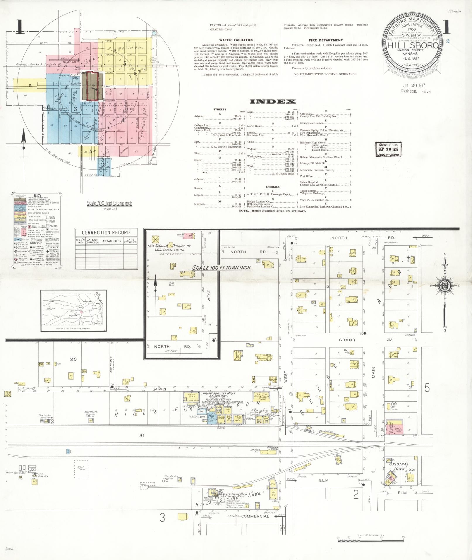 Sanborn Fire Insurance Map from Hillsboro, Marion County, Kansas (1937), Sheet #0001 - Historic Sanborn Fire Insurance Map Print, vintage old map wall art, antique decor, genealogy gift, Kansas Kansas map