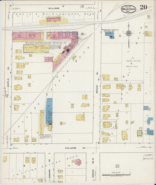 Sanborn Fire Insurance Map from Waukesha, Waukesha County, Wisconsin (1917), Sheet #0020 - Historic Sanborn Fire Insurance Map Print, vintage old map wall art, antique decor, genealogy gift, Wisconsin Wisconsin map