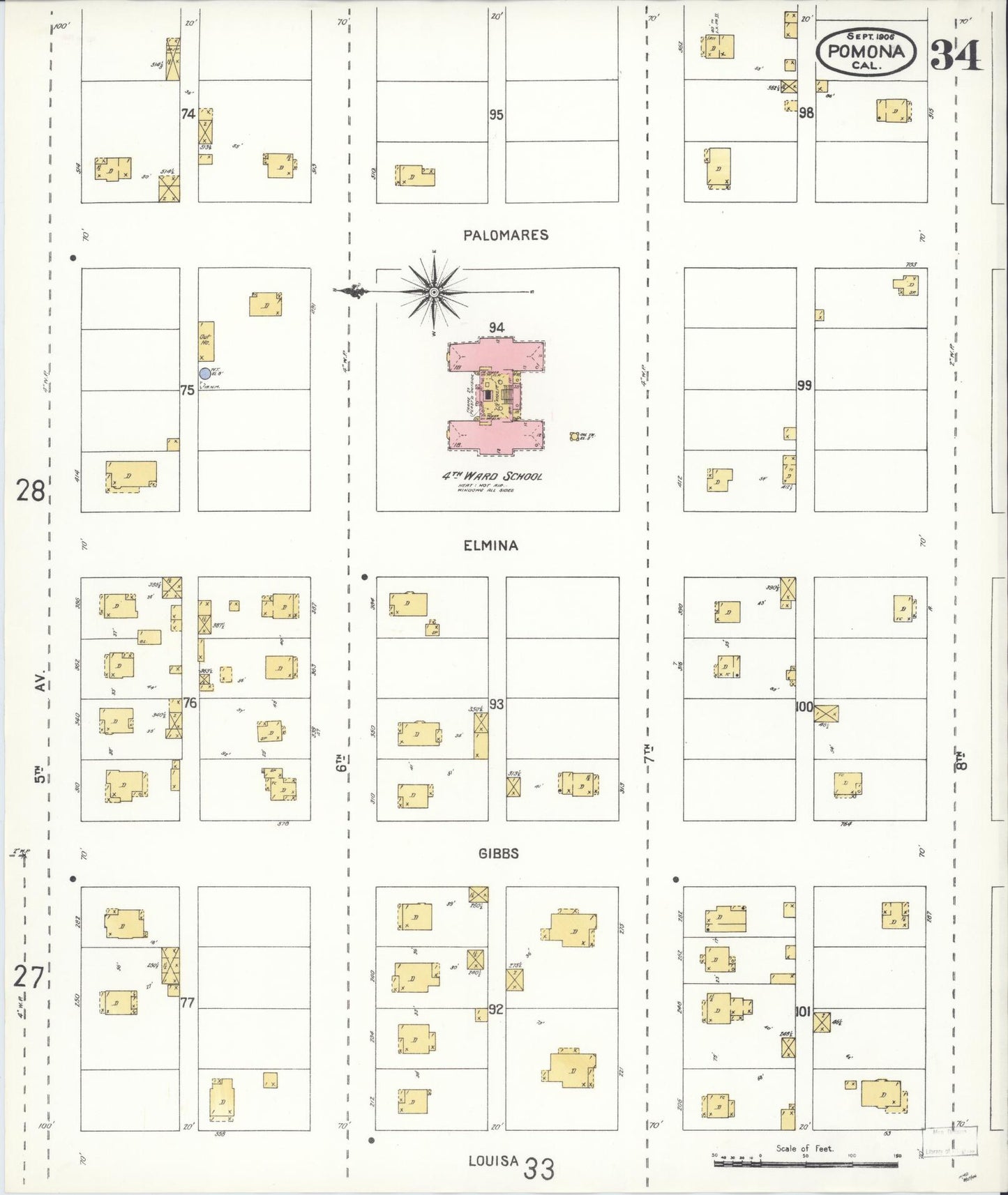 Sanborn Fire Insurance Map from Pomona, Los Angeles County, California (1906), Sheet #0034 - Complete Map Set gallery image, historic Sanborn map, vintage wall art, California California