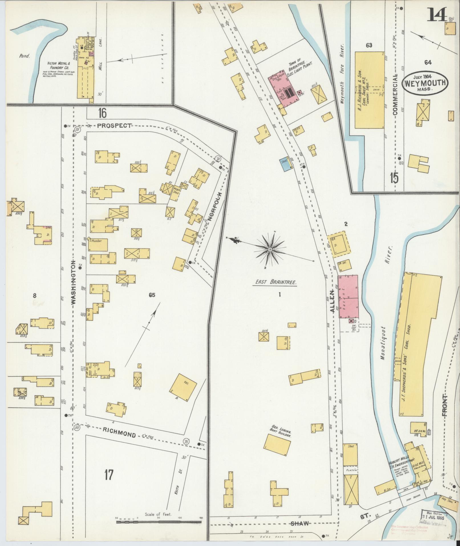 Sanborn Fire Insurance Map from Weymouth, Norfolk County, Massachusetts (1904), Sheet #0014 - Historic Sanborn Fire Insurance Map Print, vintage old map wall art, antique decor, genealogy gift, Massachusetts Massachusetts map
