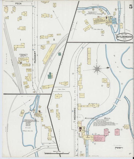 Sanborn Fire Insurance Map from Attleboro, Bristol County, Massachusetts (1889), Sheet #0005 - Historic Sanborn Fire Insurance Map Print, vintage old map wall art, antique decor, genealogy gift, Massachusetts Massachusetts map