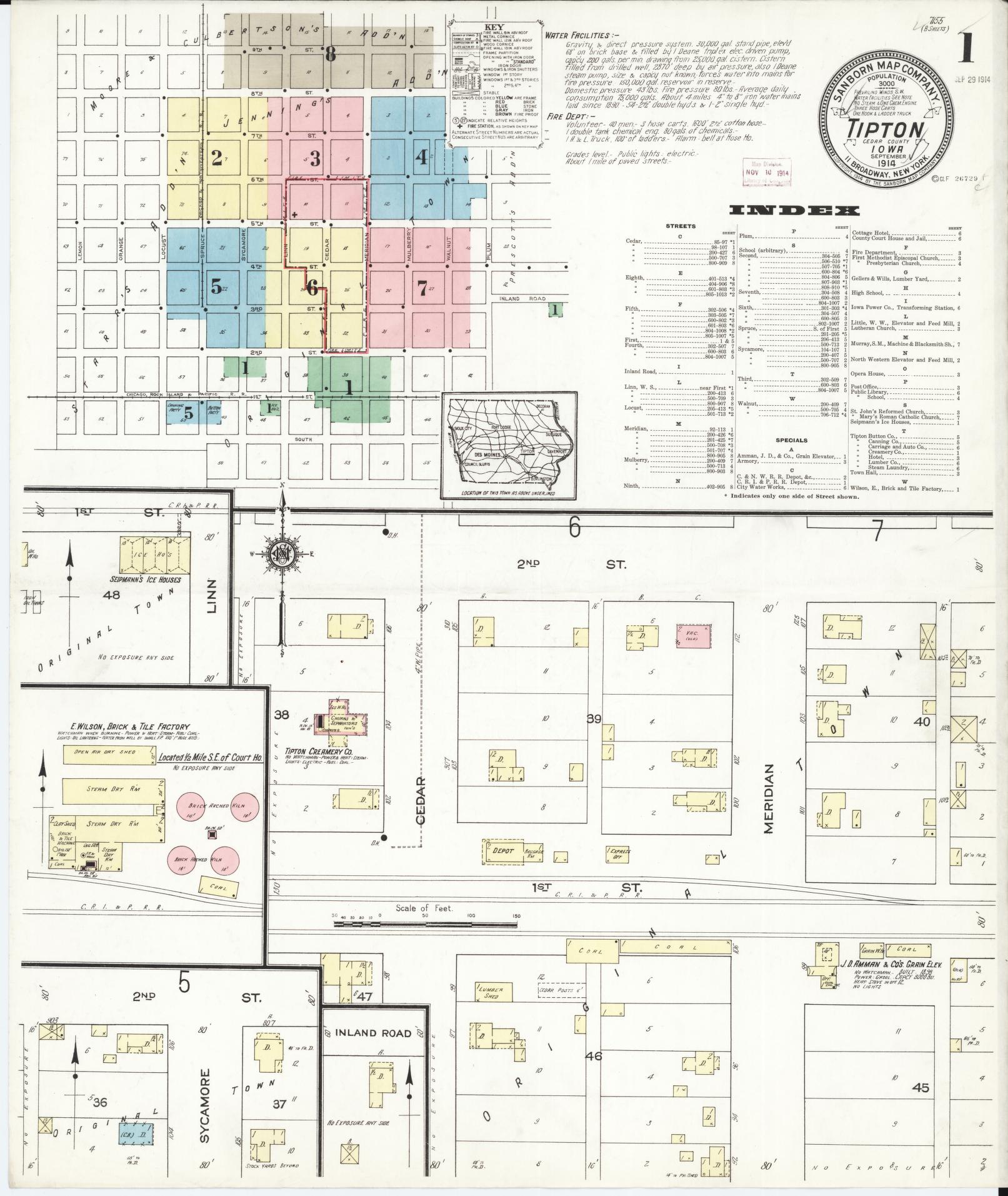 Sanborn Fire Insurance Map from Tipton, Cedar County, Iowa (1914), Sheet #0001 - Historic Sanborn Fire Insurance Map Print, vintage old map wall art