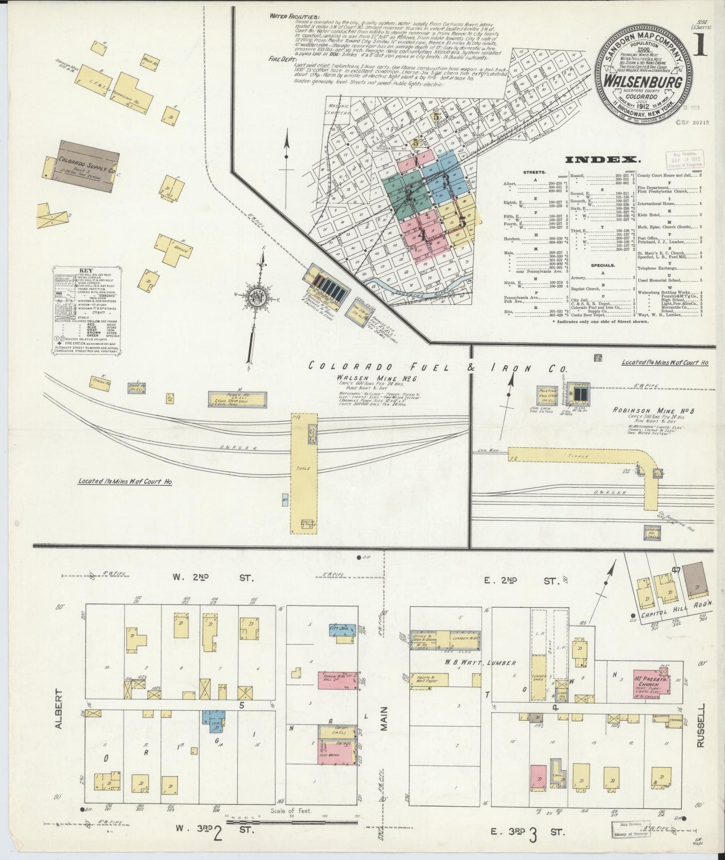 Sanborn Fire Insurance Map from Walsenburg, Huerfano County, Colorado (1912), Sheet #0001 - Complete Map Set gallery image, historic Sanborn map, vintage wall art, Colorado Colorado