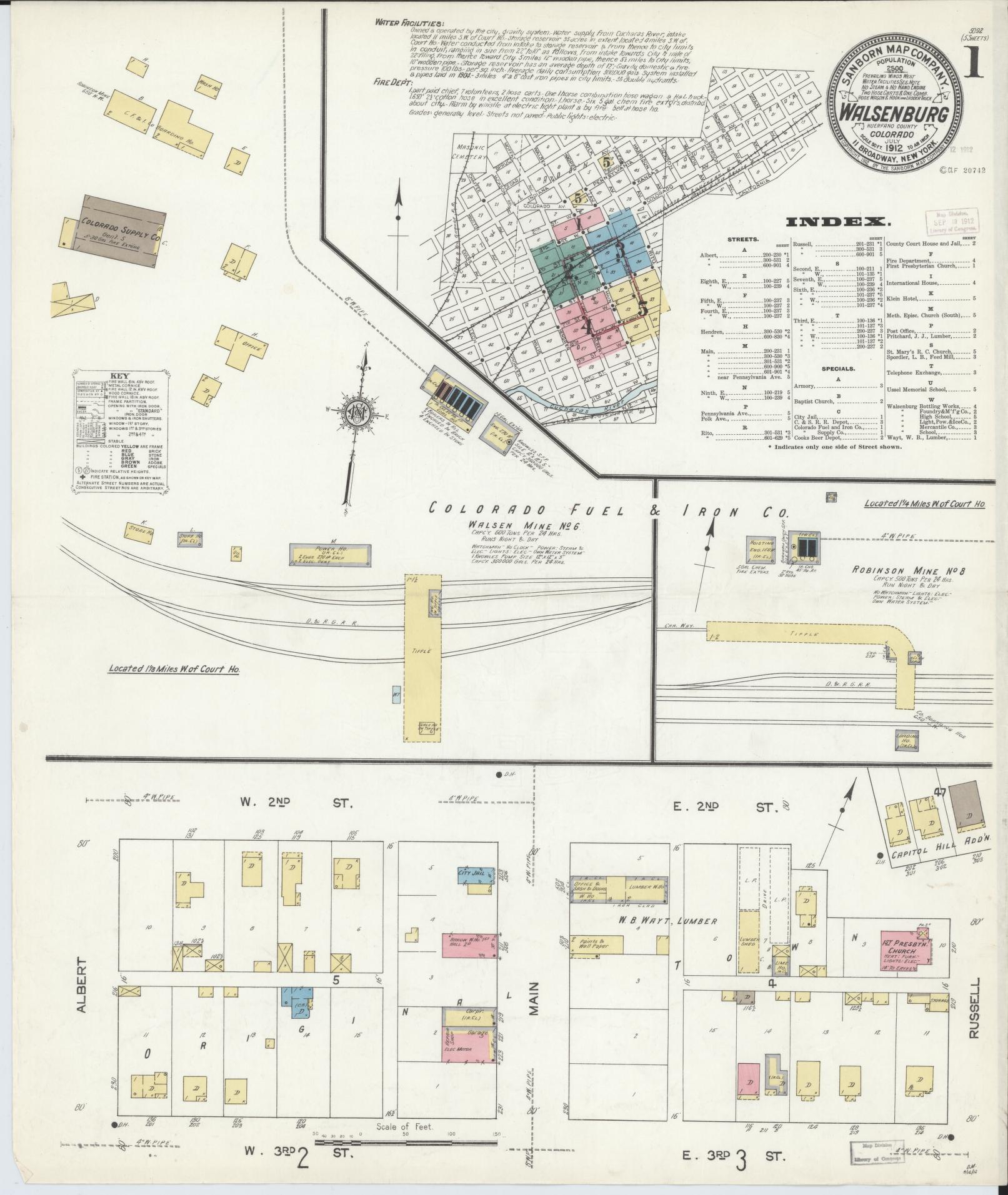 Sanborn Fire Insurance Map from Walsenburg, Huerfano County, Colorado (1912), Sheet #0001 - Complete Map Set gallery image, historic Sanborn map, vintage wall art, Colorado Colorado