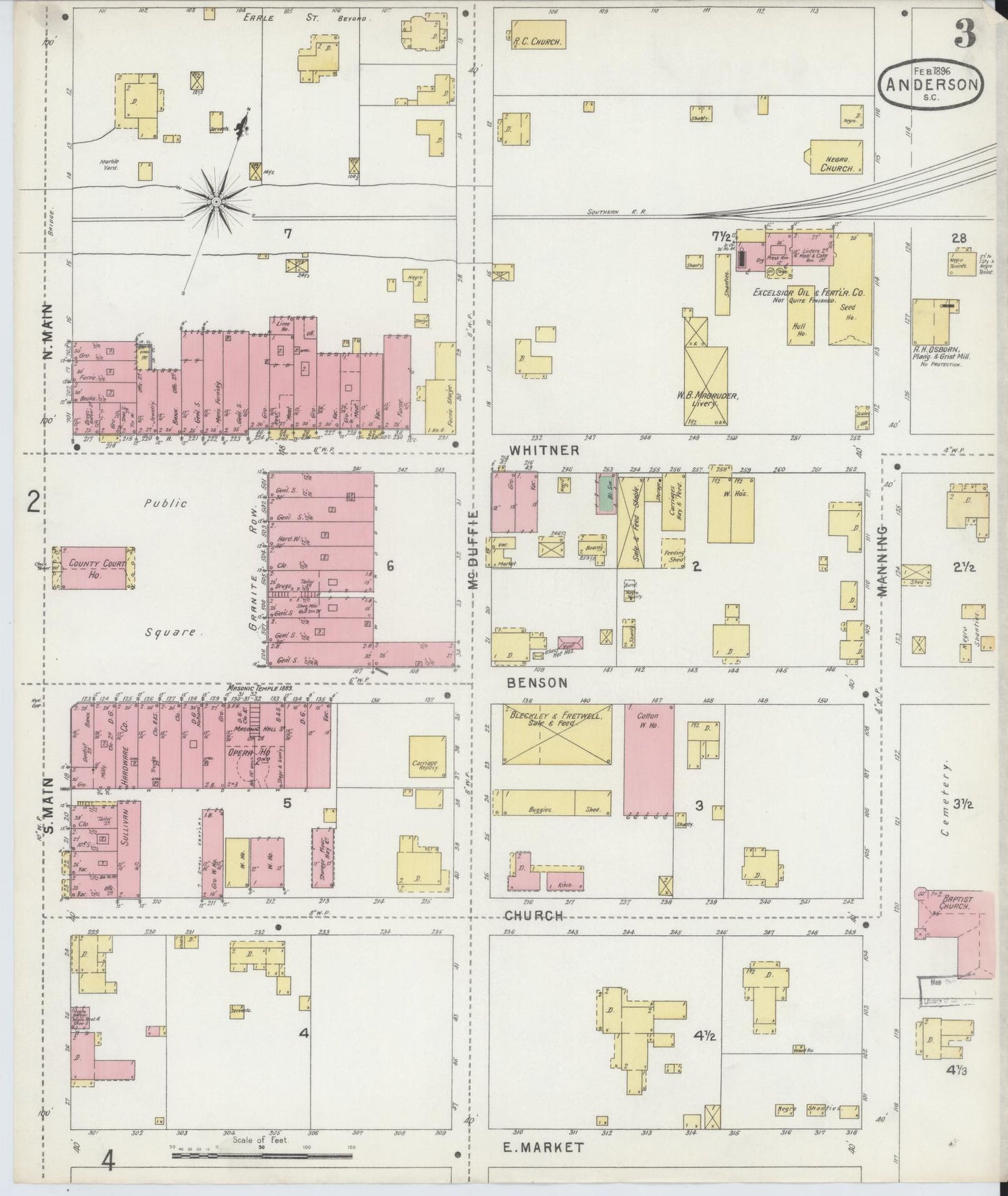 Sanborn Fire Insurance Map from Anderson, Anderson County, South Carolina (1896), Sheet #0003 - Complete Map Set gallery image, historic Sanborn map, vintage wall art, South Carolina South Carolina